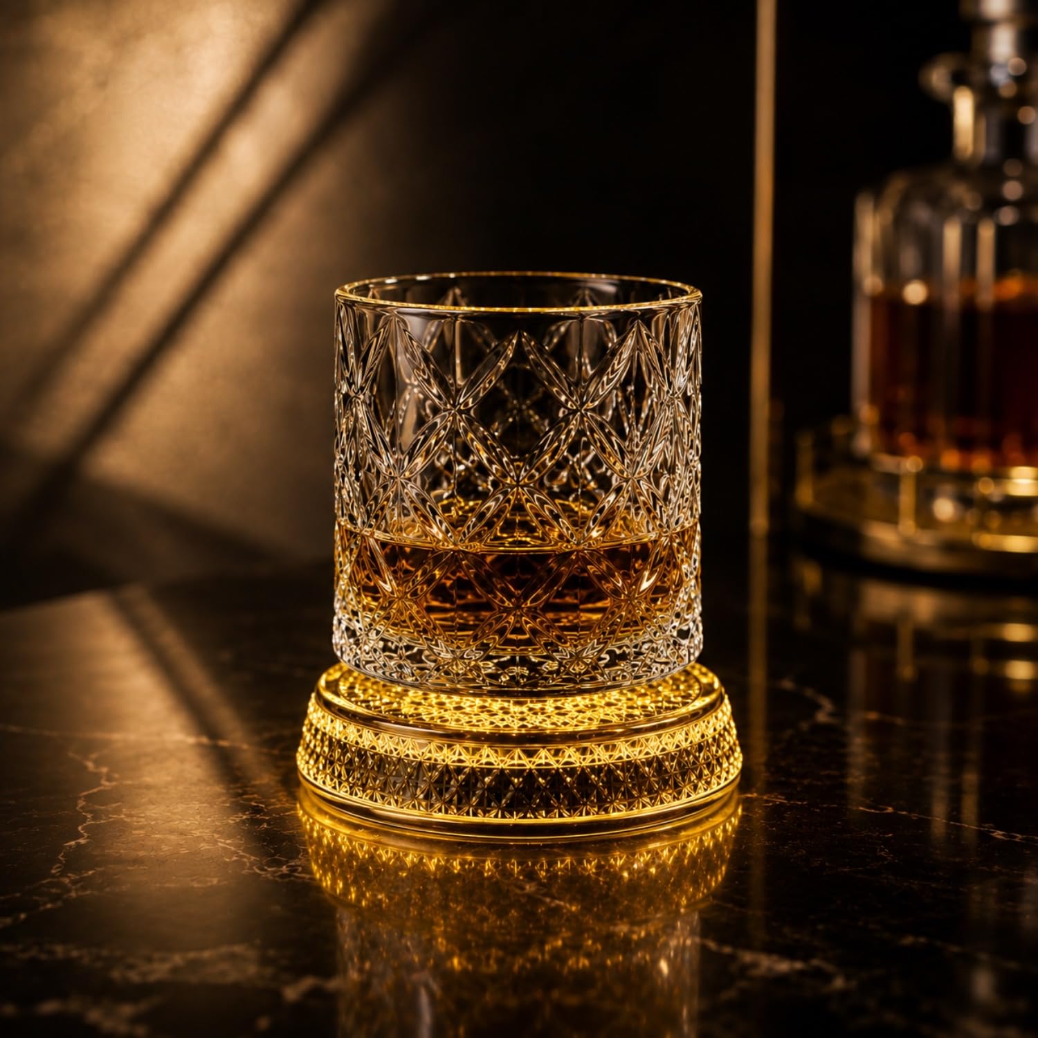 Luxury Rotating Whiskey Glass | Crystal Cut Spinning Whisky Glass with LED Light Coaster | Premium Barware Gift for Men & Whiskey Enthusiasts (Pack of 1)-image-3