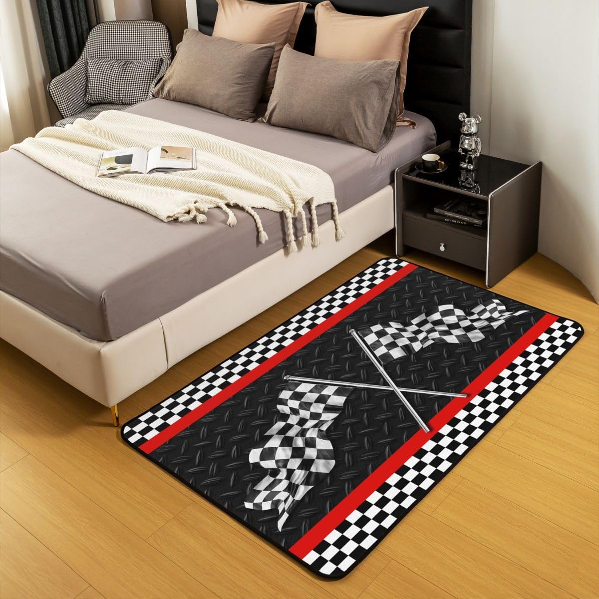 Race Car Play Mat 4'11" x 3'3" for Boys Bedside,Black White Grid Flag Non Slip Rug Kids Play Rugs,Geometric Checkered Carpet Fun Mat for Kid,Racing Car Decorative Accent Rug for Bedroom Playroom
