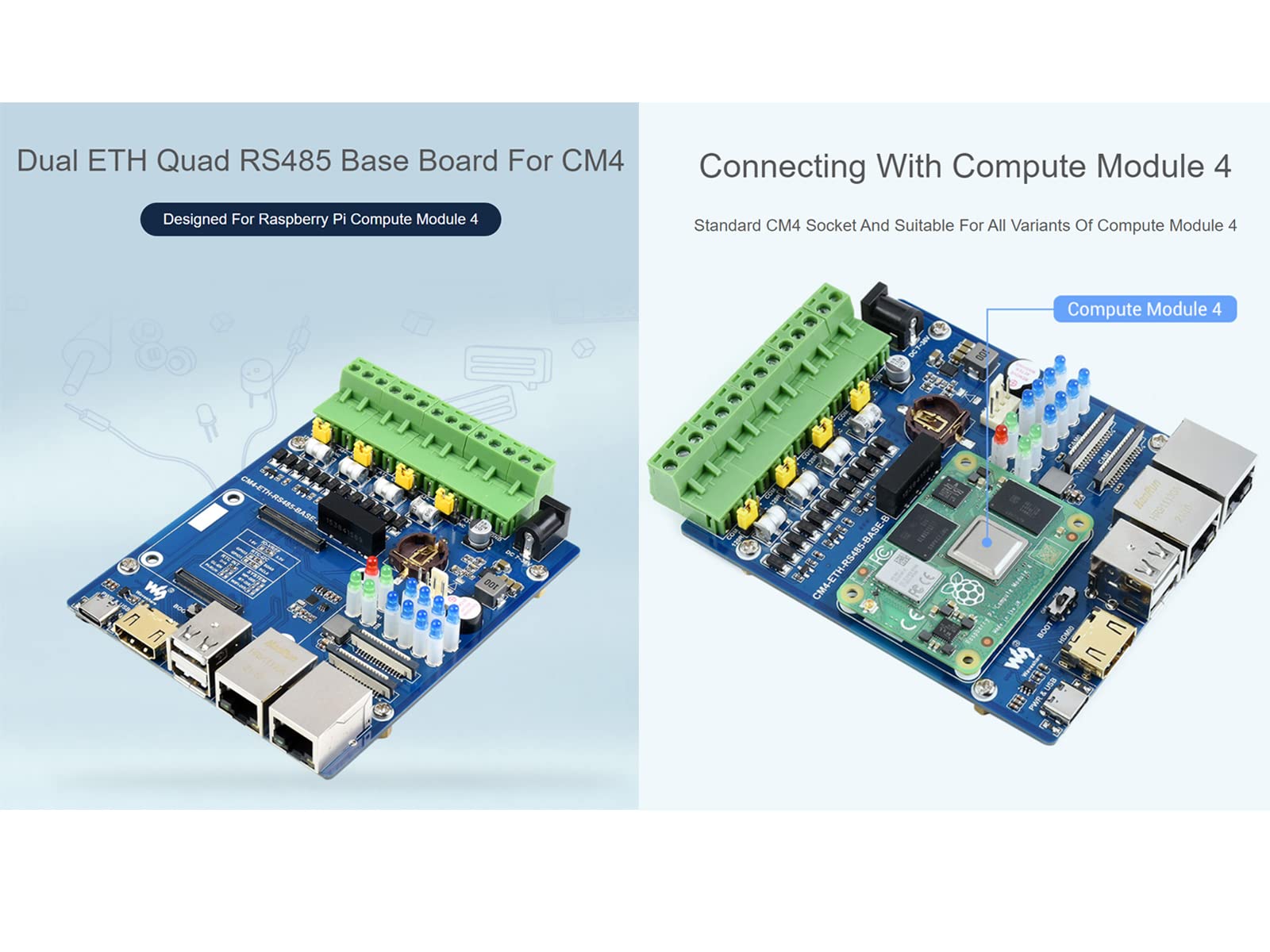 ETH RS485 Scheda di Base per Raspberry Pi Compute Module 4 CM4 Dual ETH Quad RS485 Scheda di Espansione, Integrata Gigabit Ethernet/100M Ethernet/4CH Isolata RS485/CSI/USB2.0/HDMI/FAN/Micro SD ecc.