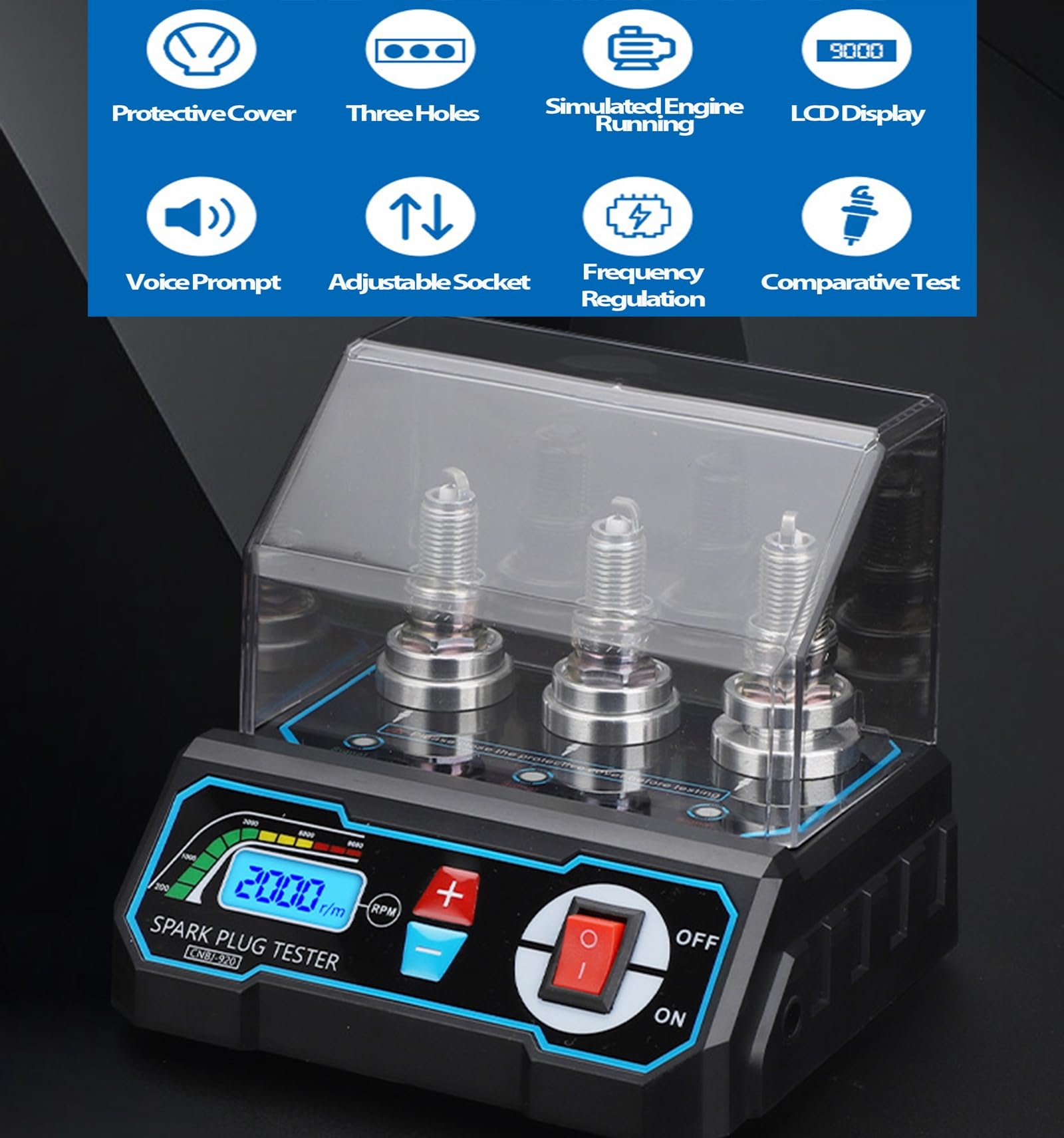 3-Hole Spark Plug Tester, Automotive Engine Ignition Coil Tester with LCD Display, Adjustable 200-9000RPM, Adjustable Socket Spark Plug Gap Tool for 12V Gasoline Vehicles