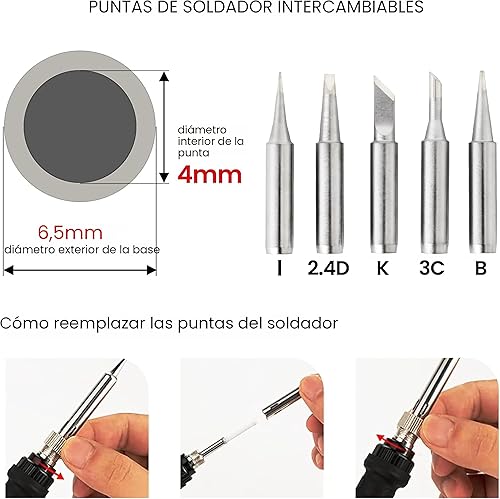 Vista 3 de Kit de soldador de hierro, soldador de 60 W, 5 puntas de soldadura, temperatura ajustable 21 en 1, alambre de soldadura, soporte, bomba desoldadora