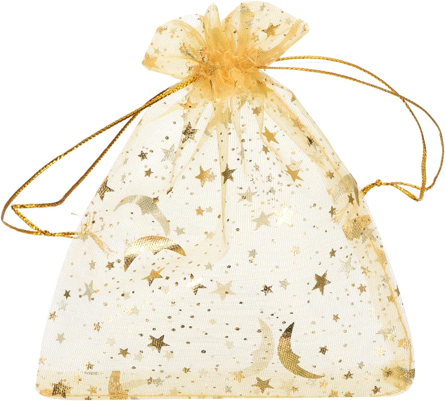 MECCANIXITY Organza Bag 3.5" x 5", Sheer Moon Star Mesh Bags Drawstring Gift Bags Bulk Party Favor Bag Jewelry Pouches for Wedding Candy Valentines (Gold, Pack of 100)