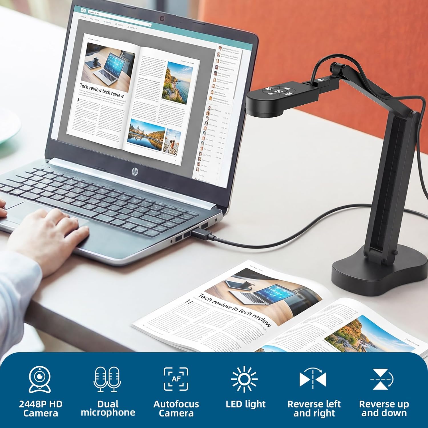 Document Camera for Teachers & Classroom 8MP HD Doc Camera & Webcam with Auto Focus LED Light Built-in Mic Image Invert Fold ISO Compatible with Windows Mac Chromebook Zoom OBS Google Meet