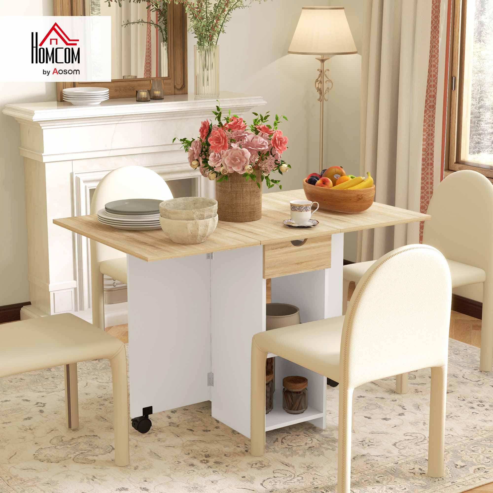 HOMCOM Mesa Plegable de Comedor Mesa de Cocina Plegable con Ruedas Alas Abatibles Cajón y Estantes para 2-4 Personas 120x72x75 cm Roble y Blanco
