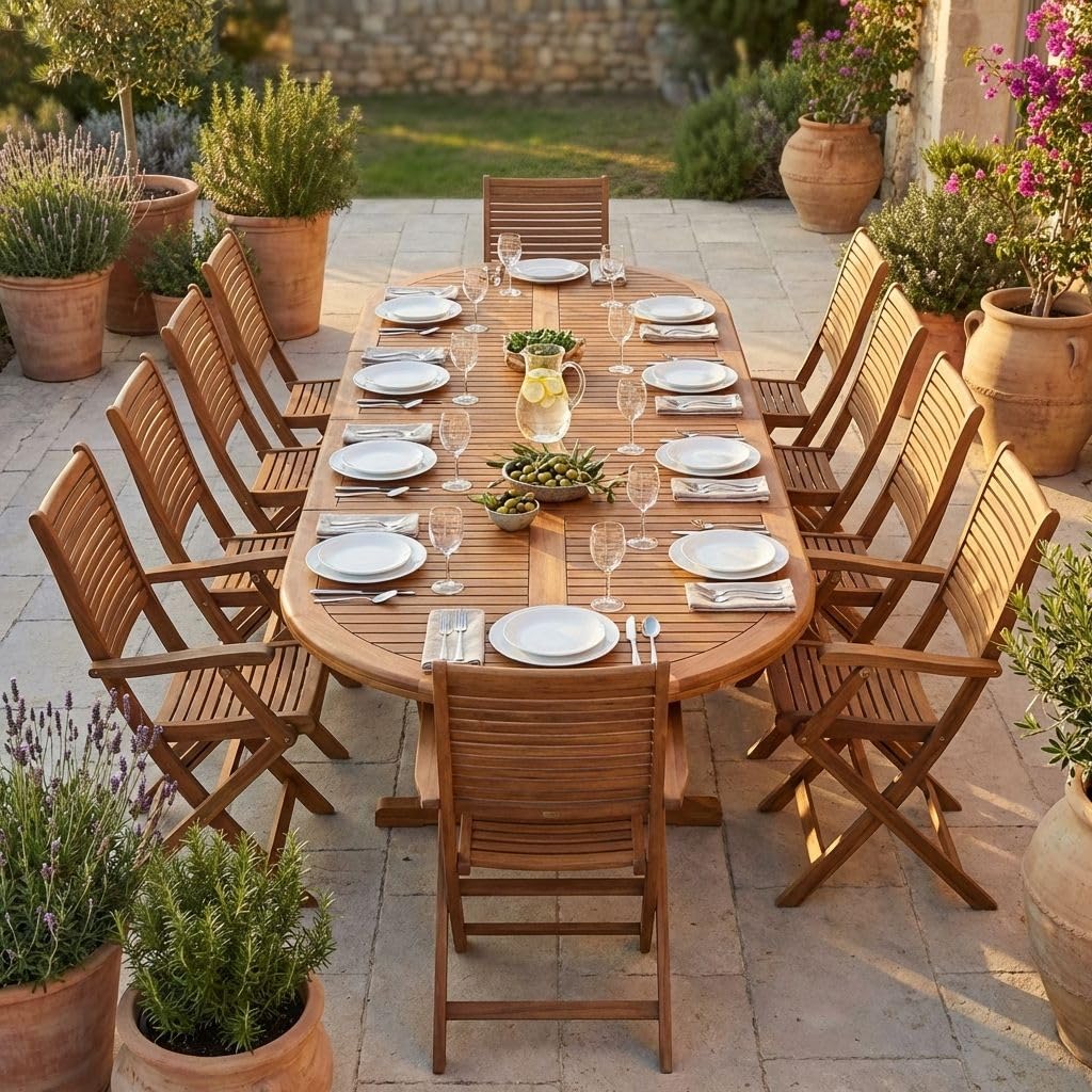 milani home GENIUS - set tavolo in alluminio e teak cm 200/250/300 x 110 x 74 h con 8 sedie e 2 poltrone Mulier