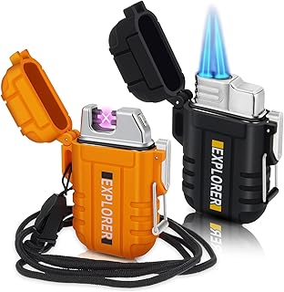 Dual Jet Flame Butane Torch Lighter and Dual Arc Lighter Set of 2, Windproof Waterproof Electric Plasma Lighter Rechargeable & Torch Lighters Butane Refillable,Portable Hit Lighter for Camping Outdoor