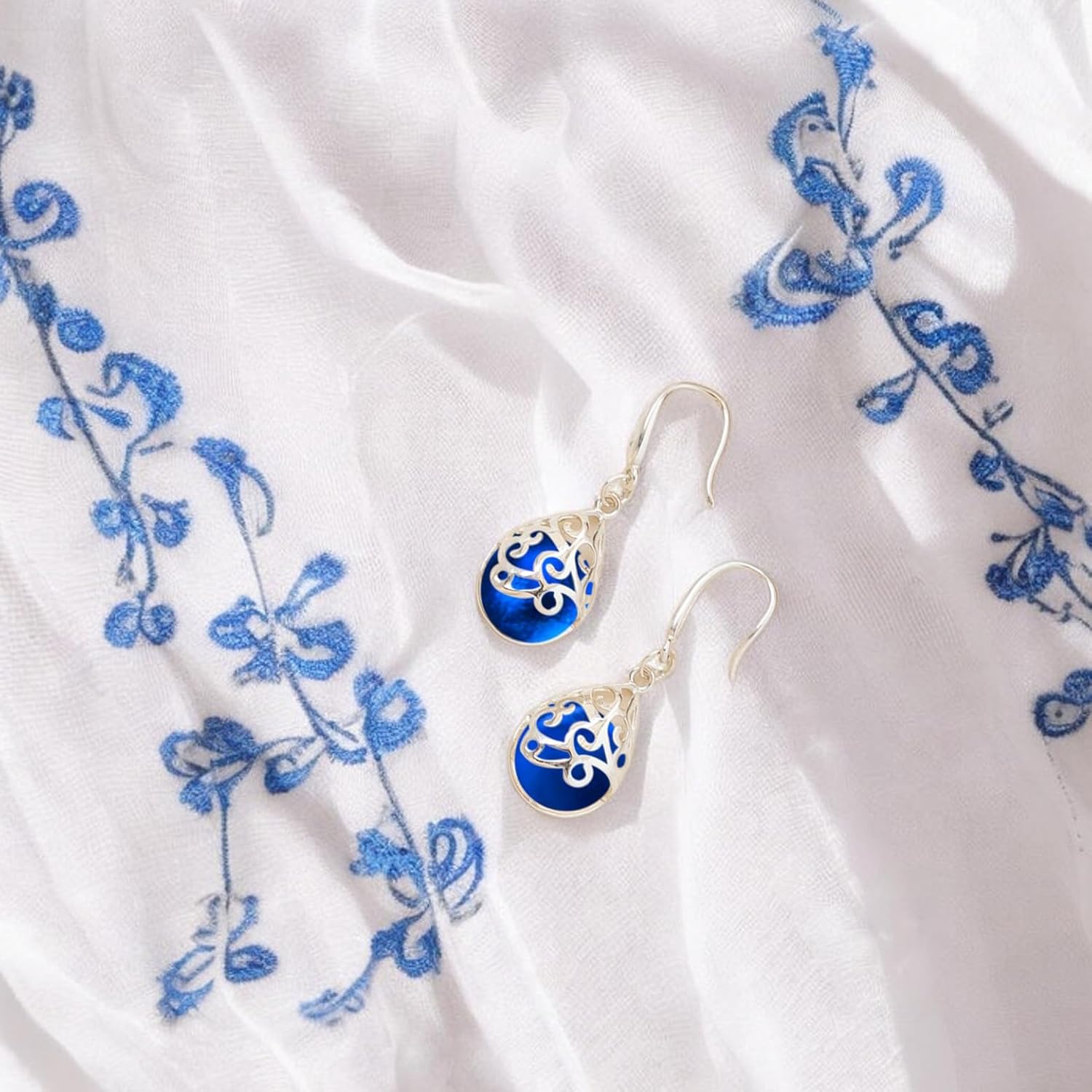 Bottled Up Designs Handmade Filigree Teardrop Earrings, Recycled Vintage Glass, Sterling Silver, Eco Friendly, Made in USA, Mothers Day, Women, Anniversary