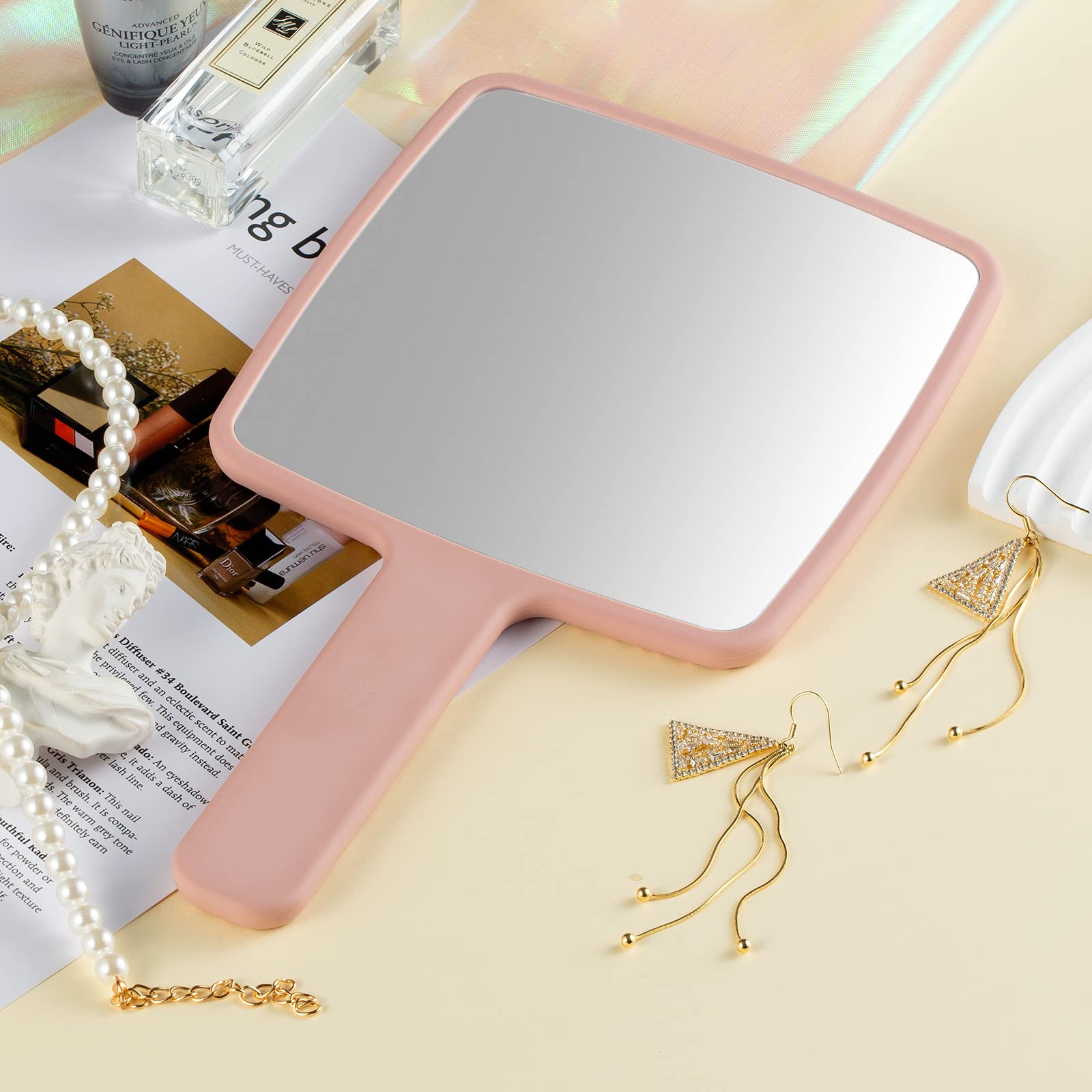 Handspiegel, Handspiegel mit Griff für Make-up, tragbarer niedlicher Handspiegel für Rasieren, Reisen, Männer und Frauen (Rosa)