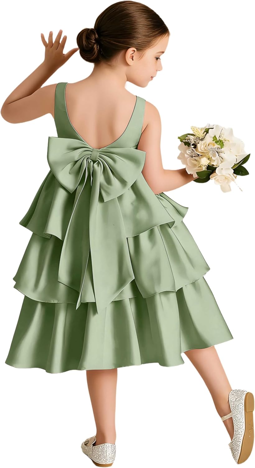 Tiered Flower Girl Dress for Wedding with Bow First Communion Dress for Girls Princess Pageant Dresses,JR011