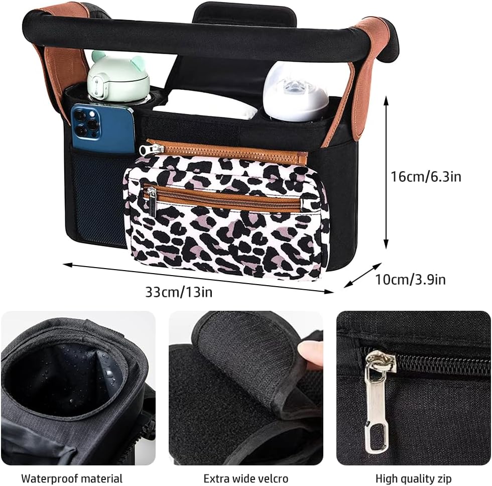 Baby Stroller Organizer, Universal Stroller Organizer with Detachable Phone Bag, Stroller Caddy with 2 Insulated Cup Holders, Buggy Organizer Bag with 2 Hooks Fits Most Strollers (Leopard)