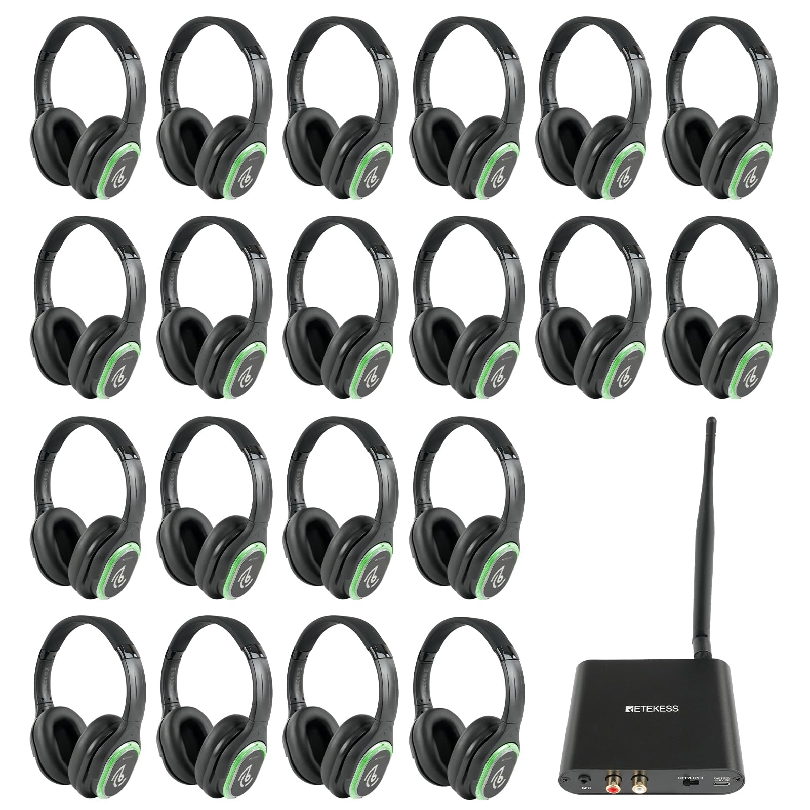 Retekess TA004 Silent Disco Kit, Cuffie Discoteca Silenziosa (1-20) | Per la Festa, per PC, Telefoni Cellulari, TV, 3 Canali Opzionali, Ricevitore Stereo HiFi, Portata 200m, Controllo Volume