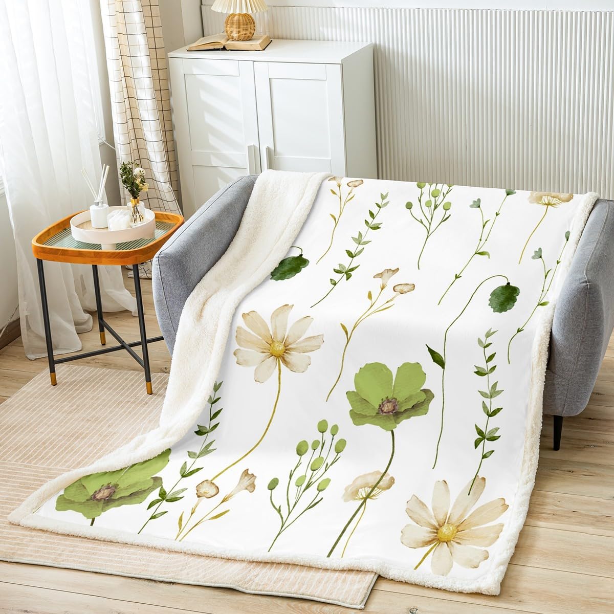 Erosebridal Women Watercolor Flower Sherpa Throw Size, Olive Green Beige Floral Throw Blanket, Modern Minimalist White Fleece Blanket Branches Pastoral Fuzzy Decorative Sofa Couch