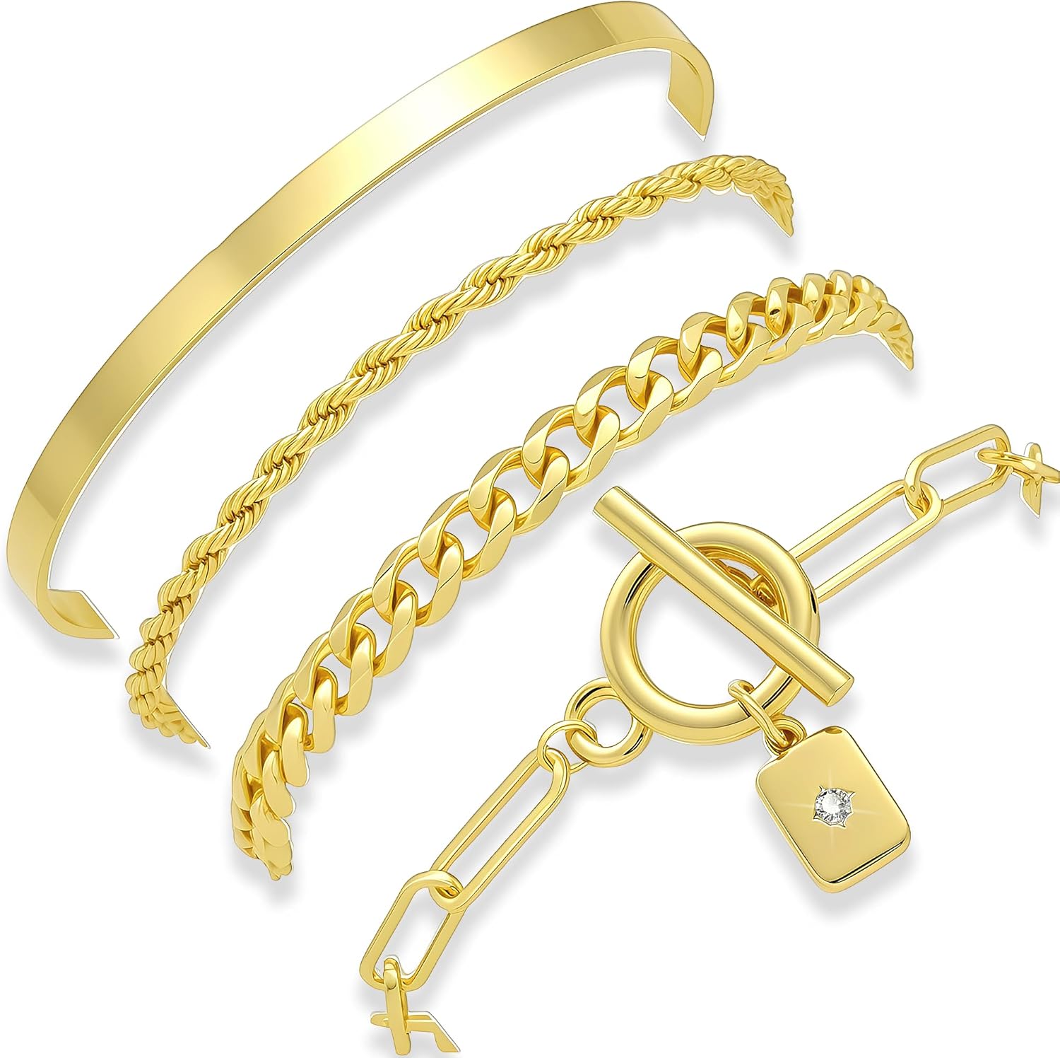 YEEZII Gold Bracelets for Women, 14K Gold Plated Stackable Bracelet Stack with Cuff Bracelet Rope Chain cuban link bracelets Paperclip Toggle Pendant，Adjustable Layered Jewelry Set Gifts for Women - Image 8