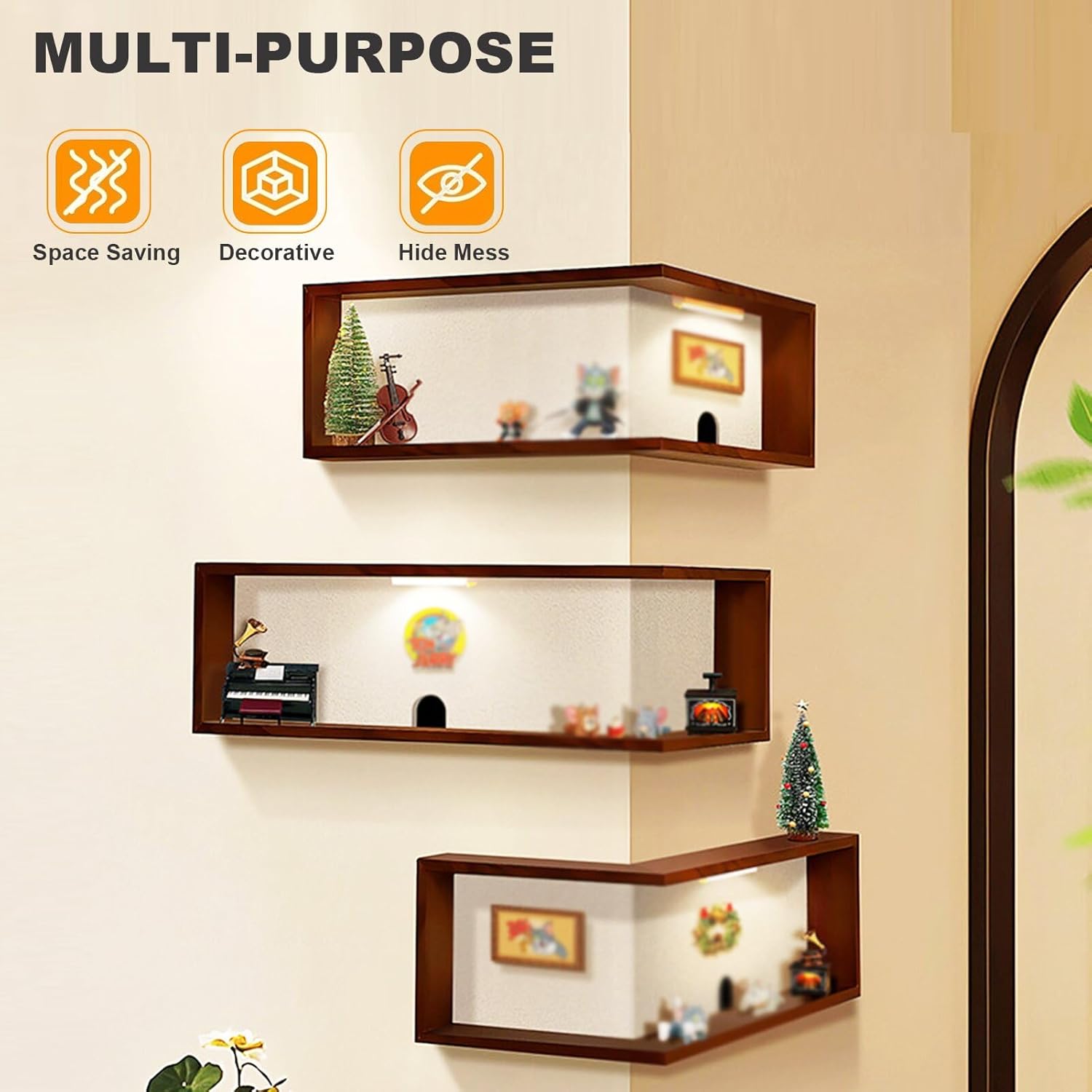 Corner Shelf Set of 3, Wall Mounted Floating Corner Shelves, Space Saving Storage Rack for Bedroom Living Room, Display Collectibles Blind Box Lego, Walnut Brown