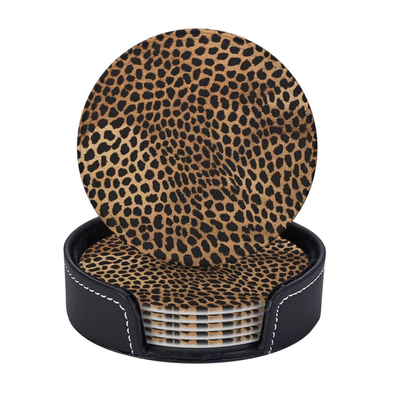 Augustrush Leopard Round Pu Leather Coasters Set Of 6, Print Coaster With Storage Box, Heat-Resistant Non-Slip Drink Pads For Kitchen Desk Office Dining Table