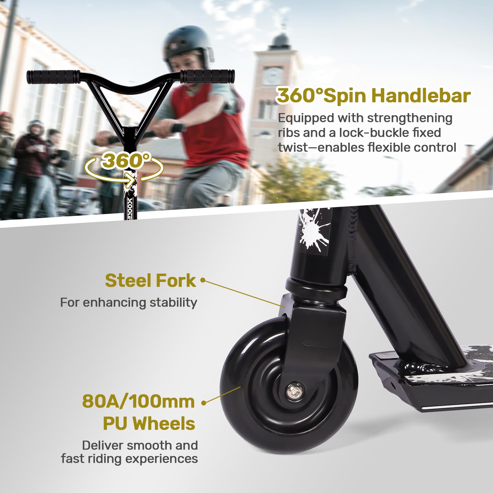 Patinete de Truco Pro, Cubierta de Aluminio, Ruedas de 100 mm, Patinete Deportivo Kick Street Freestyle