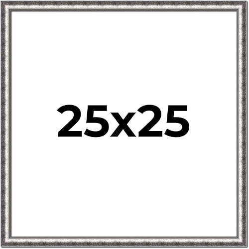 Marco de madera real plateada de 25 x 25 pulgadas de ancho de 1.125 pulgadas  Profundidad del marco interior de 0.5 pulgadas  Completo con acrílico