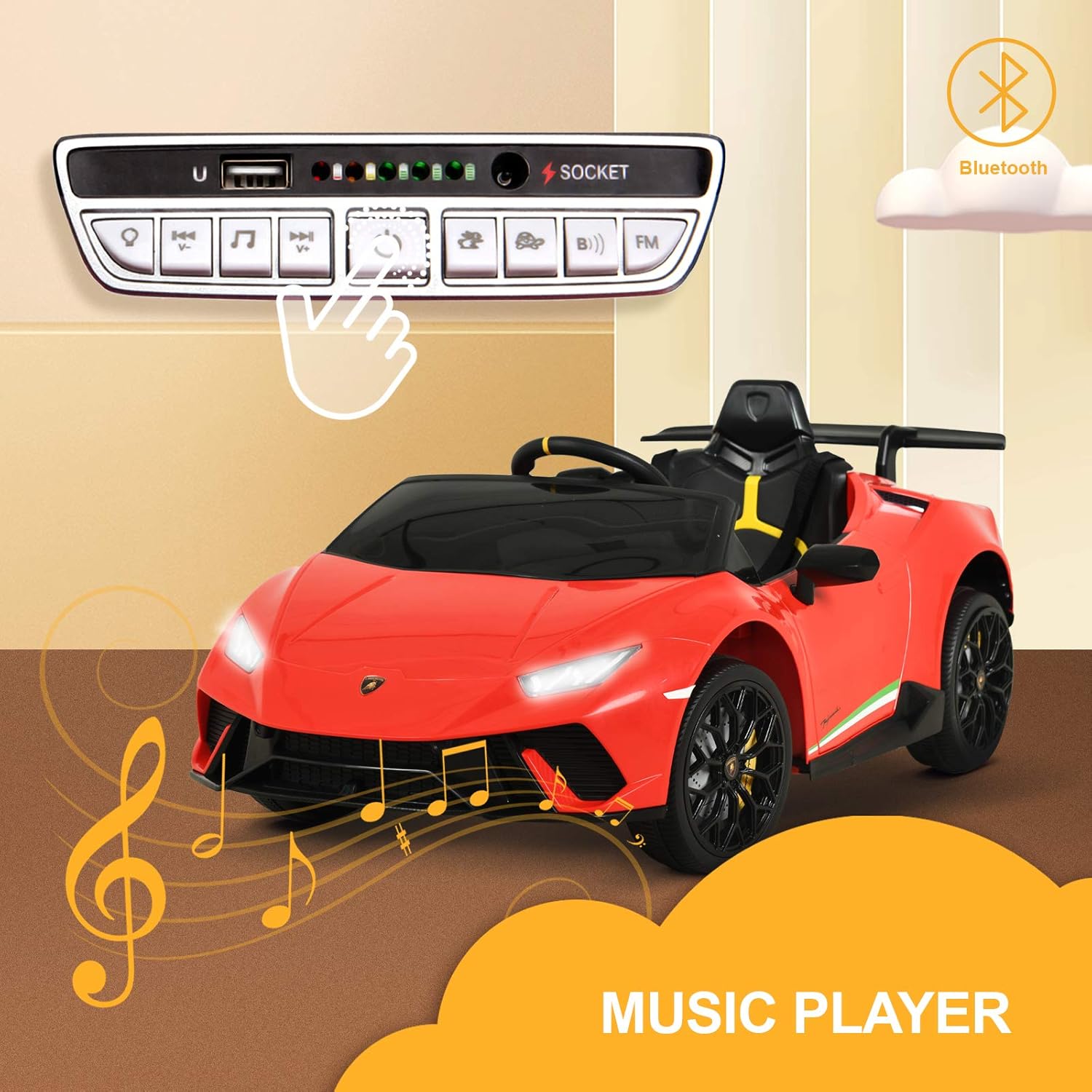 Uenjoy 12V Kids Electric Ride On Car Lamborghini Huracán Motorized Vehicles with Remote Control, Battery Powered, LED Lights, Wheels Suspension, Music,Compatible with Lamborghini, Red : Toys & Games