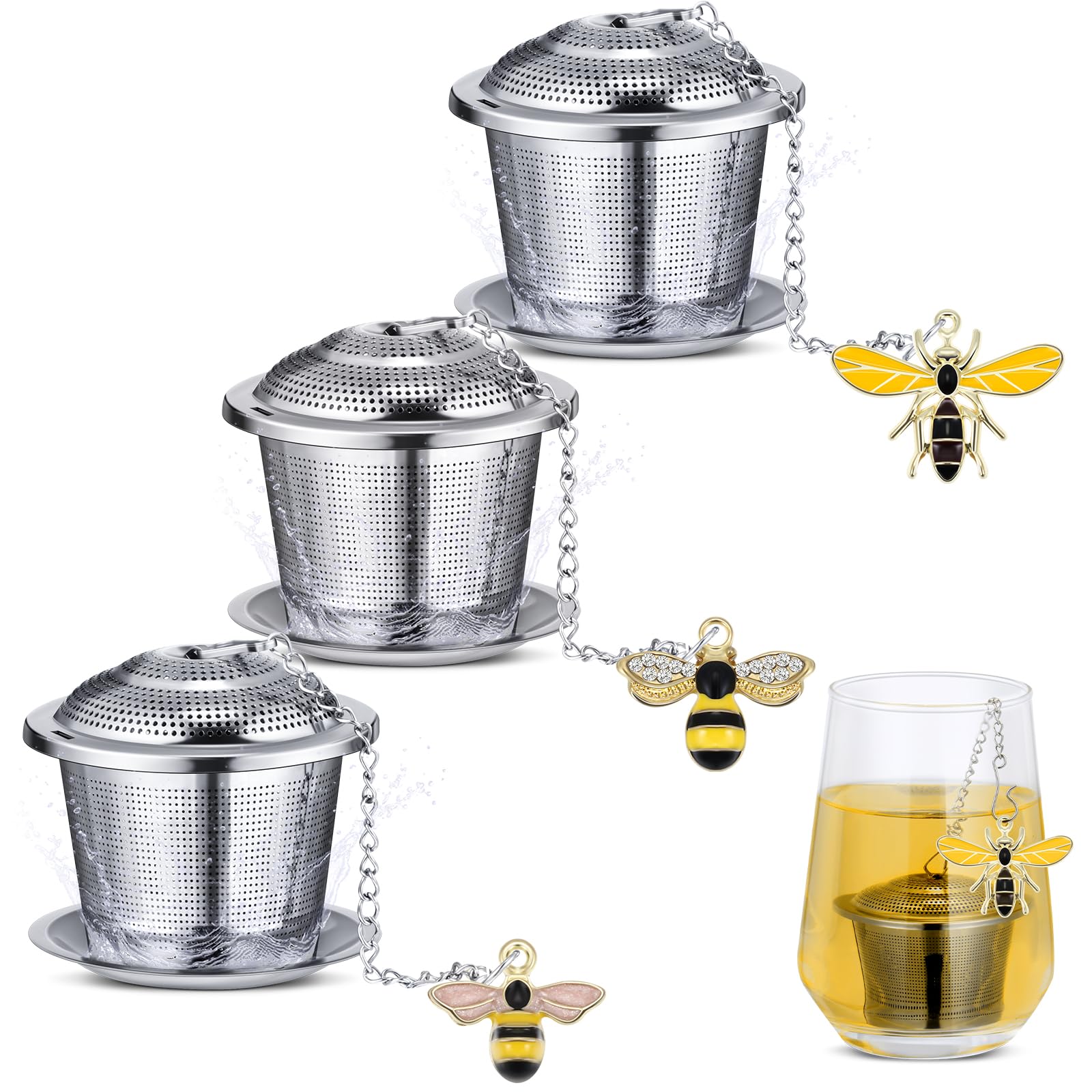 FoldTier 3 Sets Tea Infusers for Loose Tea Leaf Steeper, Stainless Steel Tea Ball Infusers with Drip Trays and Honey Bee Pendant
