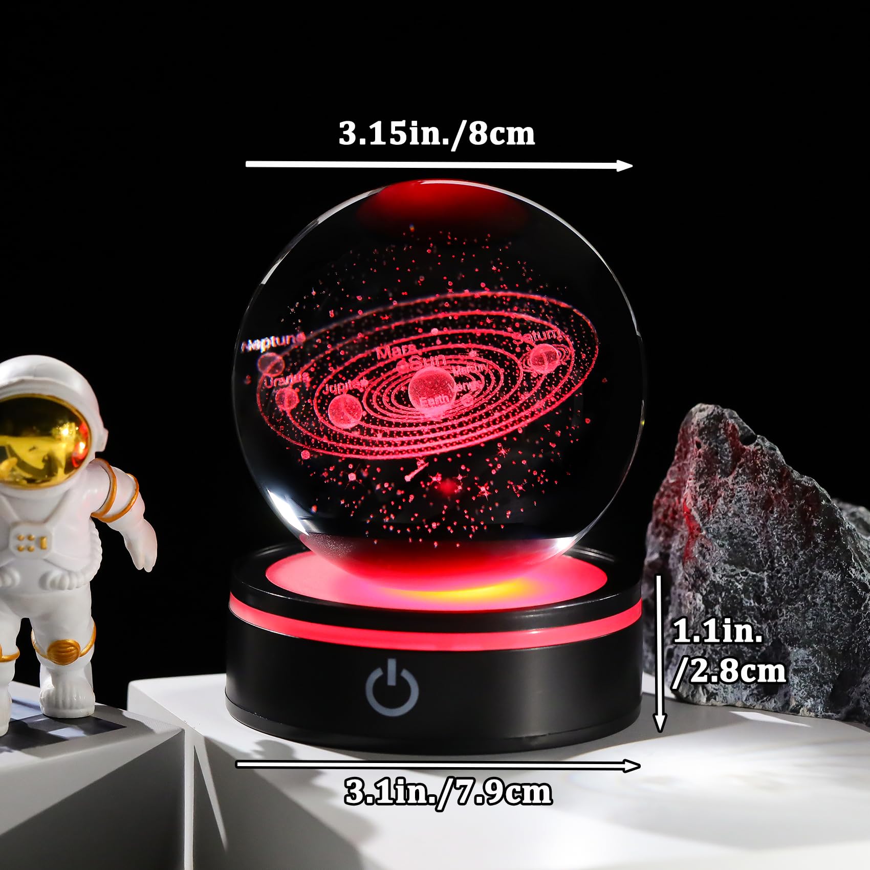 YWHL Sfera di cristallo con sistema solare 3D, 80 mm, con base luminosa, incisa al laser, in vetro, modello a sfera, luce notturna, decorazione spaziale, universo, astronomia, regali per donne,