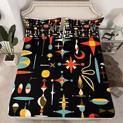 jejeloiu Mid Century Bed Sheets Set Queen Size Kids Modern Industrial Abstract Geometric Fitted Sheet for Boys Girls