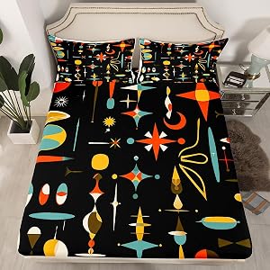 jejeloiu Mid Century Bed Sheets Set Queen Size Kids Modern Industrial Abstract Geometric Fitted Sheet for Boys Girls