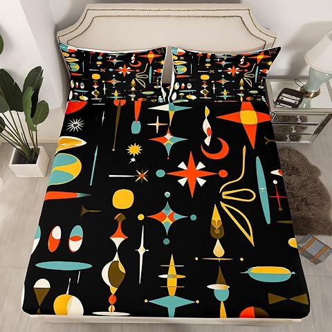 jejeloiu Mid Century Bed Sheets Set Queen Size Kids Modern Industrial Abstract Geometric Fitted Sheet for Boys Girls