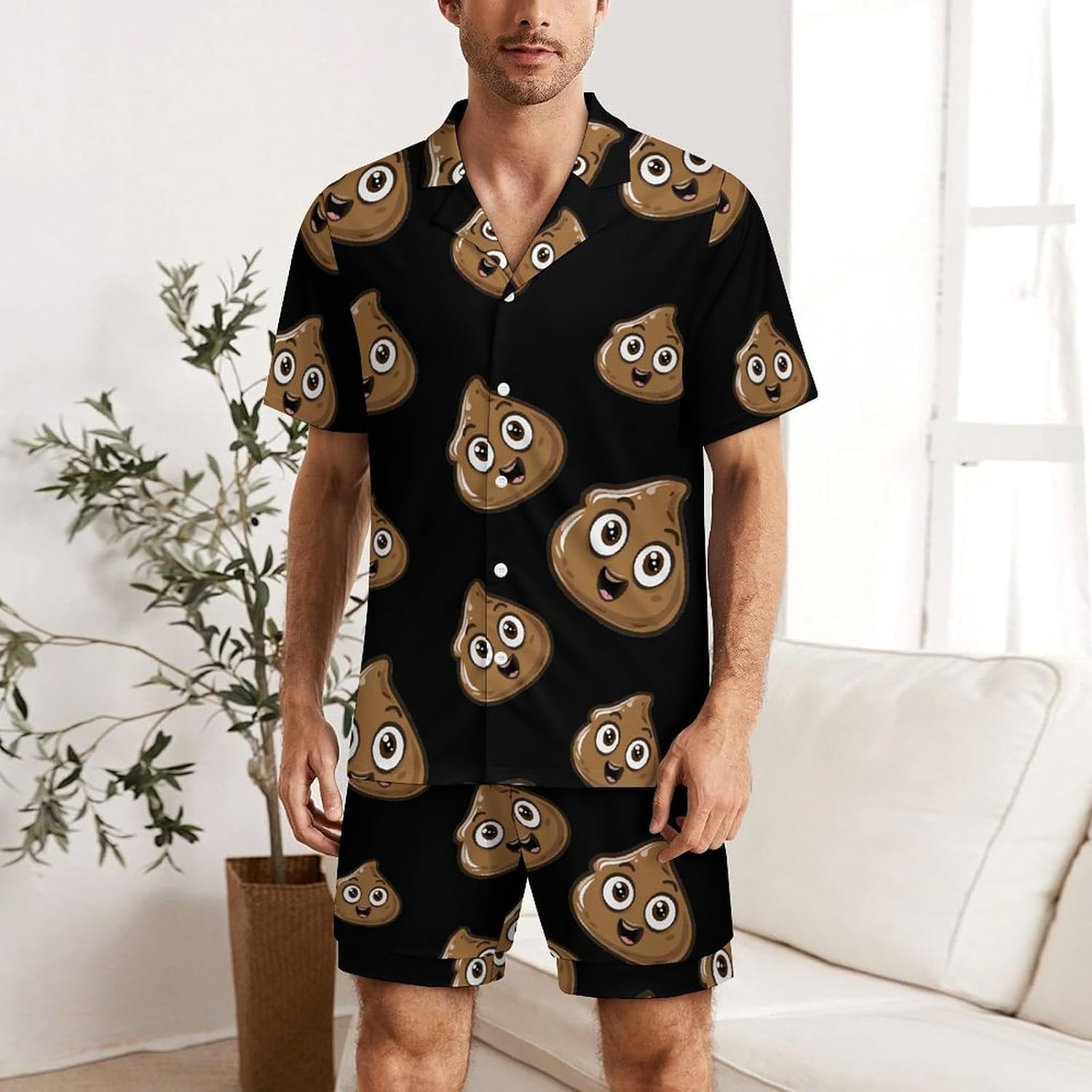Poop Shit Men's Short Sleeve Pajama Set Satin Silk Like Lounge Sleepwear