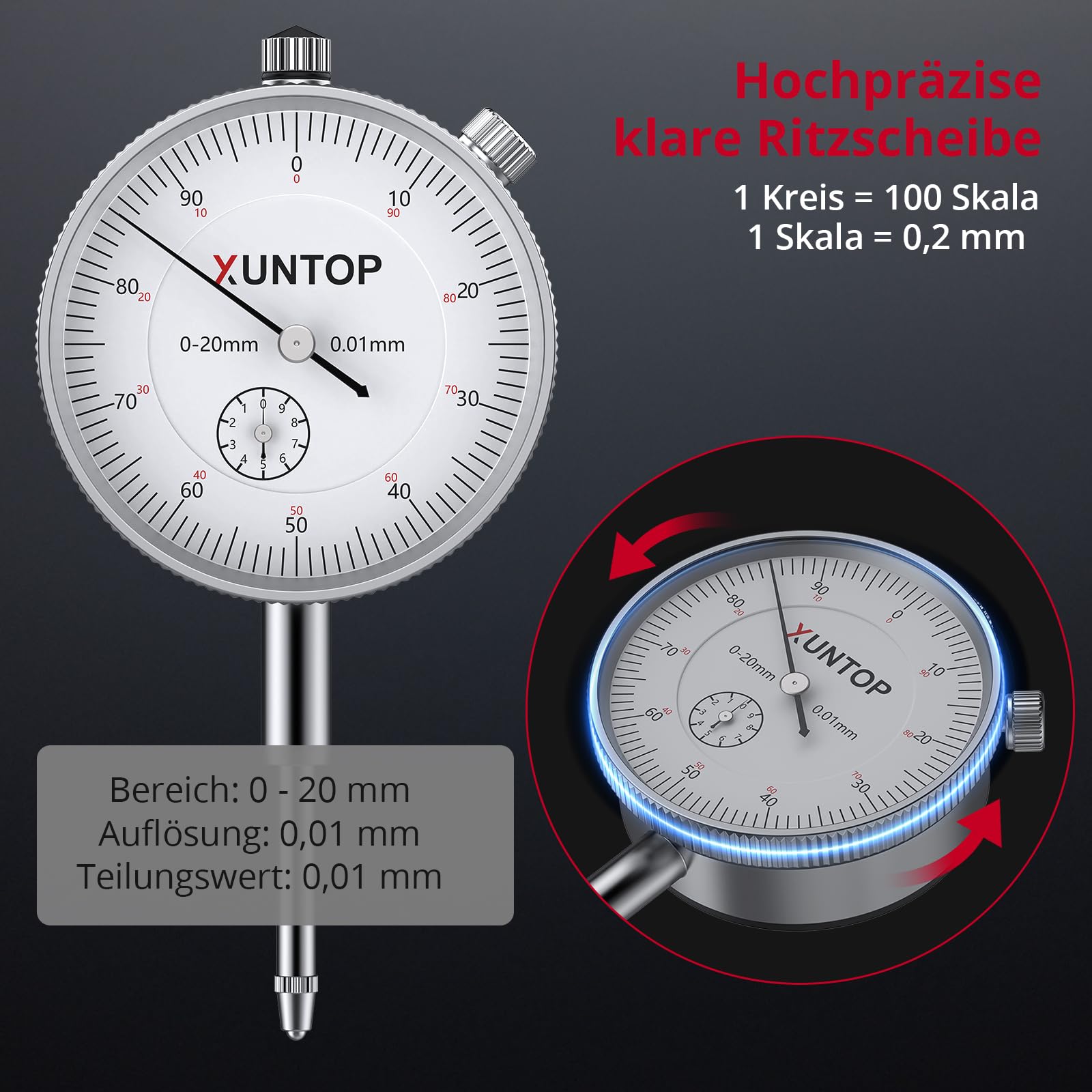 XUNTOP Präzisions Messuhr mit Magnetfuß 0,01mm Genauigkeit, 0-20 mm Messbereich,Mechanische Anzeige,132lbs/60kg, Mit Feineinstellknopf Ideal für Industrieanwendungen