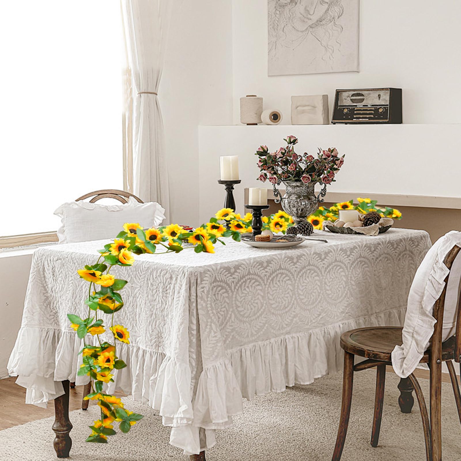 RHQFDM 3 Guirlandes Tournesols Artificiels 245cm - Décoration Suspendue Fleur Soleil Pour Intérieur Et Extérieur
