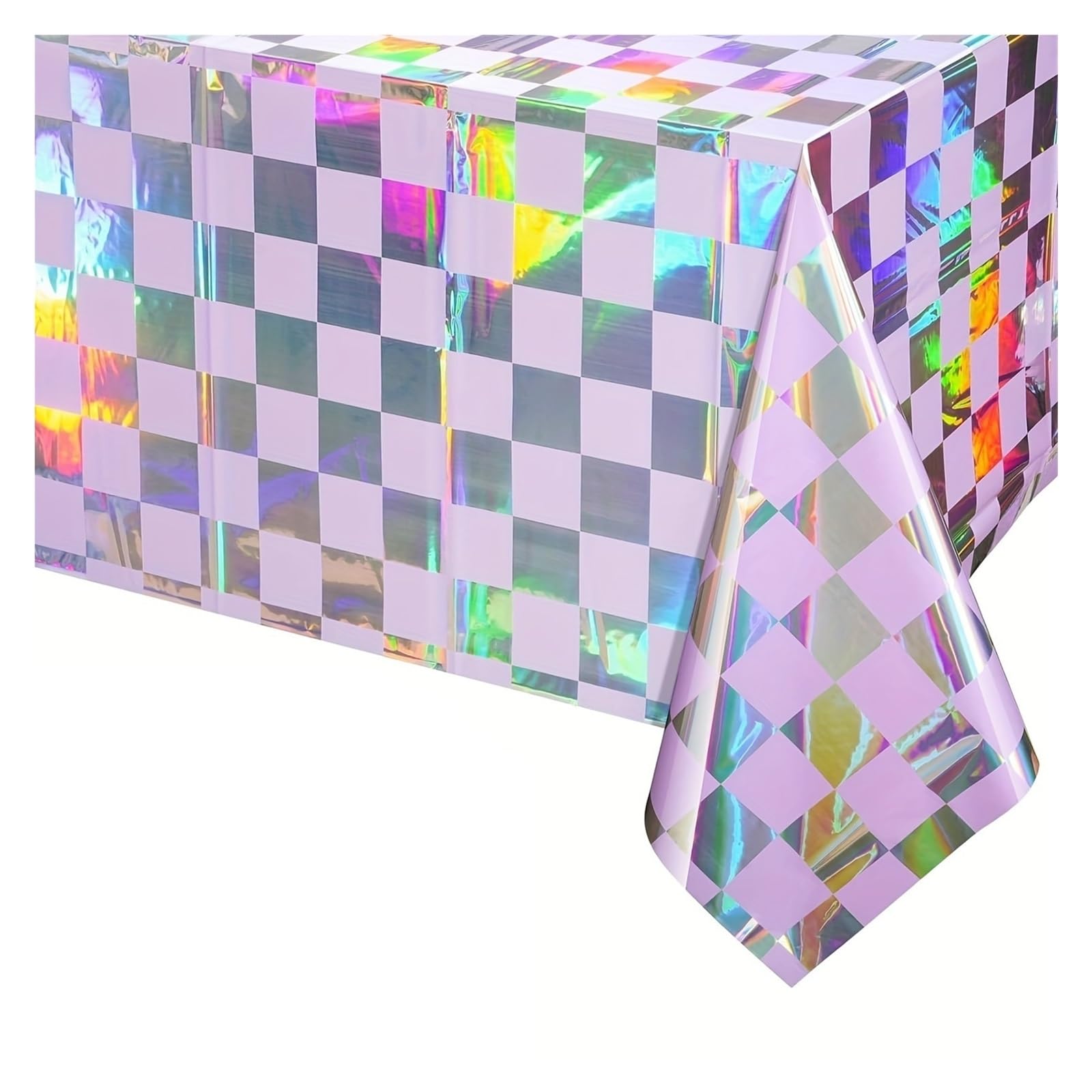 Disco Table Runner Shiny Iridescent Laser Tablecloth Water-Resistant Party Tablecover include Pink Black Purple(Checkered pink 1pc)