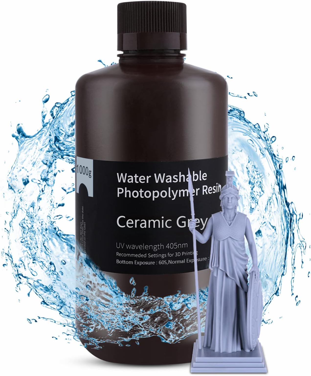 3D Resin, Grey 1000g, Water Washable, Fast Curing, High Precision, Low Shrinkage, Compatible with LCD 3D Printers