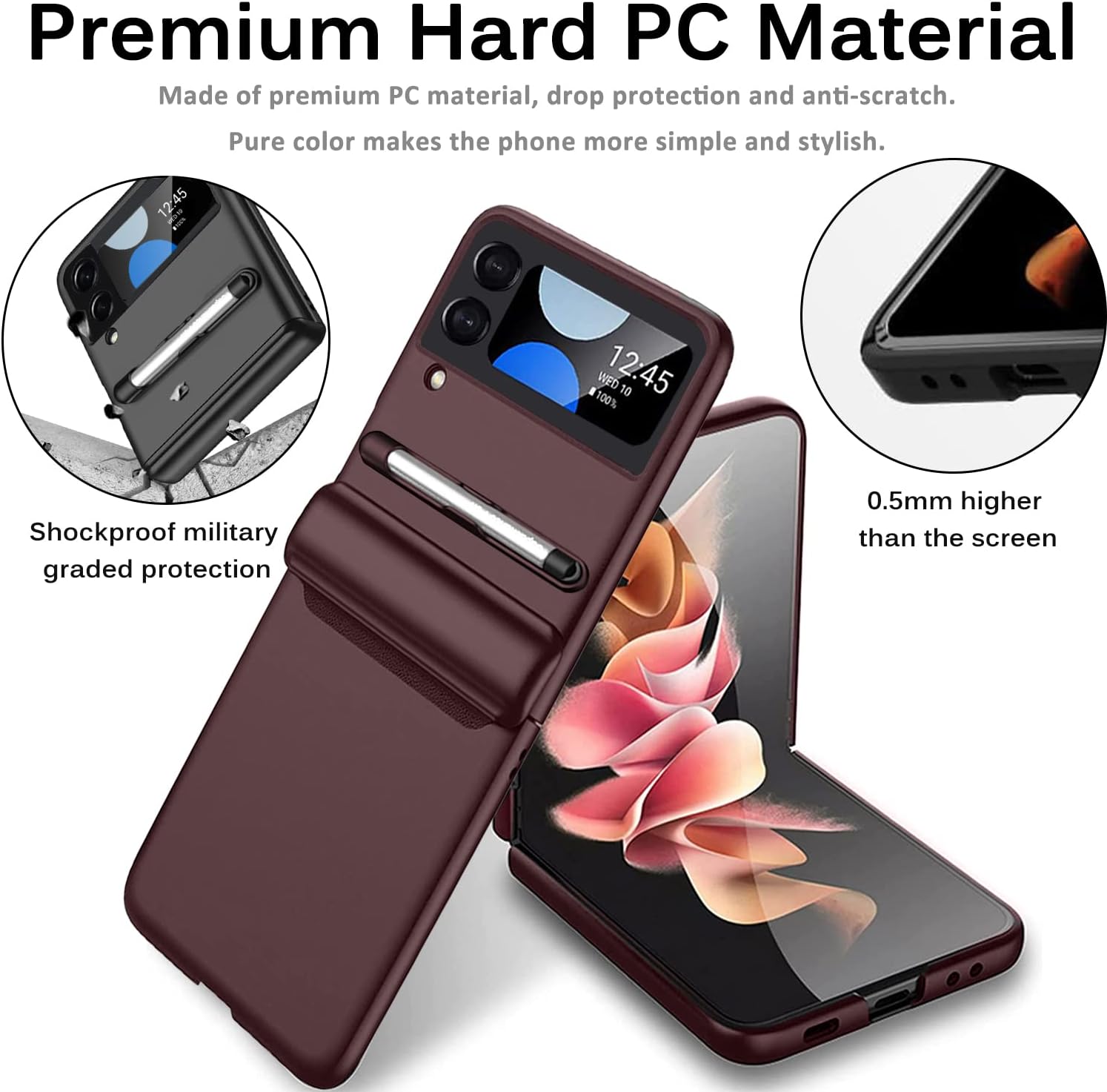 Miimall Compatible for Samsung Galaxy Z Flip 4 Case with S Pen, All-Inclusive Magnetic Hinge Protection + Tempered Glass Screen Protector Case for Samsung Galaxy Z Flip 4 5G 2022 (Wine Red)