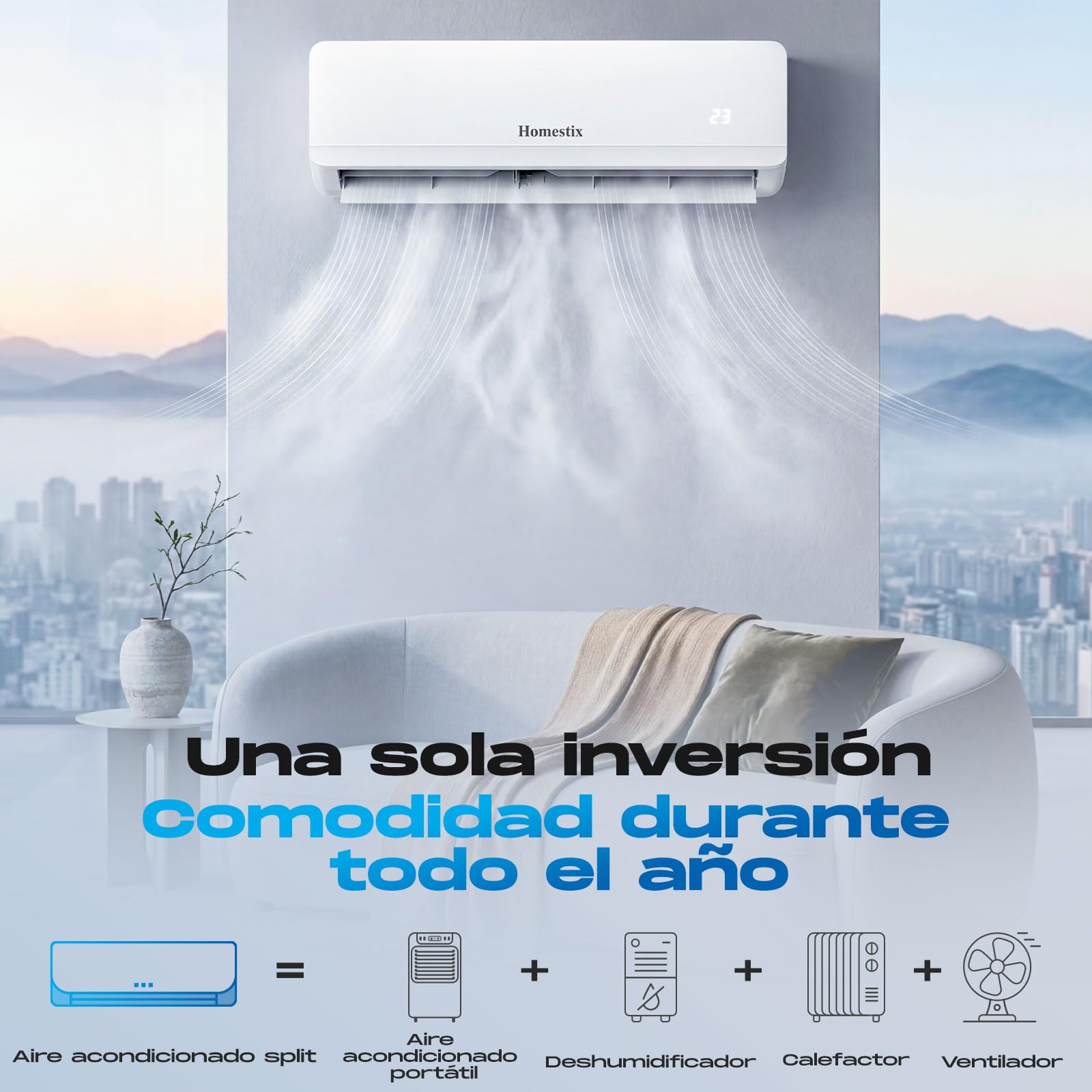 Aire Acondicionado Split 12000 BTU con Bomba de Calor, Refrigeración, Calefacción, Deshumidificación y Ventilación, Súper Silencioso,Control por Mando y App,Temporizador 24h,Modo Sueño y Eco