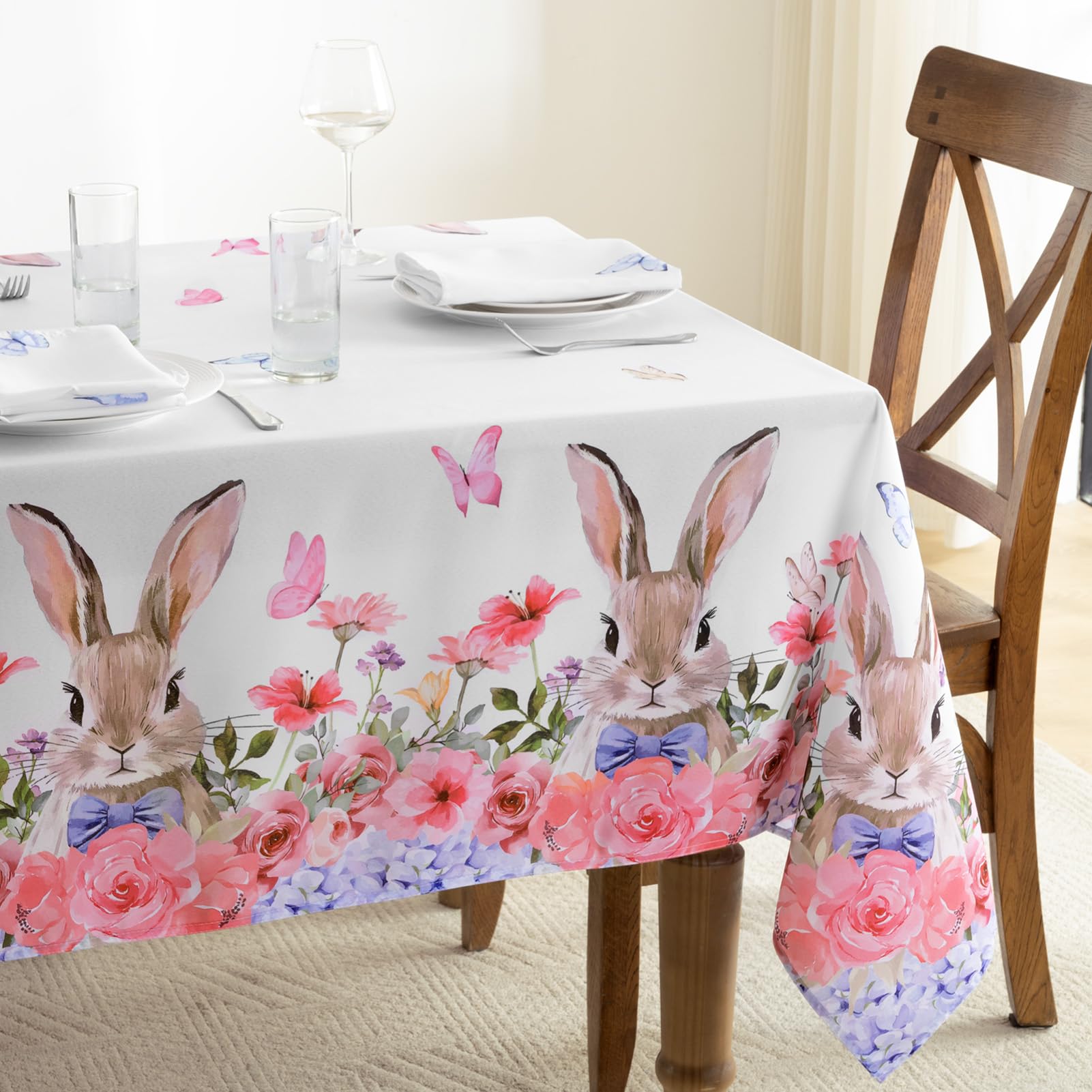 Easter Table Cloth Rectangular 140x200 cm Wipe Clean Tablecloth Spring Bunny Floral Table Cloths Water Resistant Table Cover for Party Outfoor Garden Picnic Festive Decorations,55x78 inch