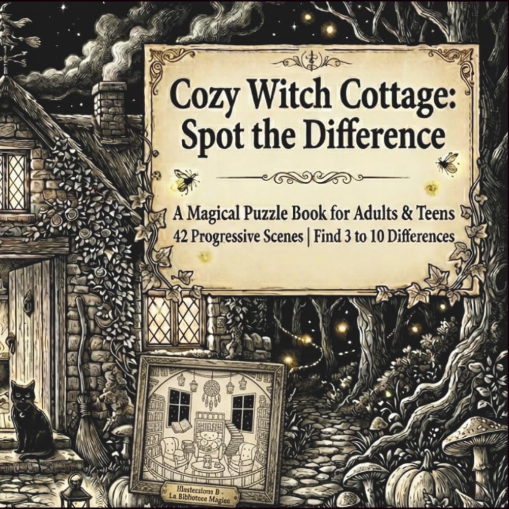Cozy Witch Cottage: Spot the Difference: A Magical Puzzle Book for Adults & Teens 42 Enchanting Scenes Progressive Difficulty from 3 to 10 Differences Cottagecore Witch Aesthetic