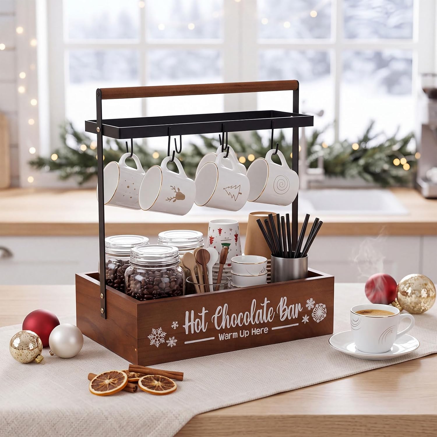Threehoney Christmas Hot Cocoa Bar Coffee Station Organizer Decorative Wood Storage Box Coffee Mug Holder with 6 Hooks Organizer Pod Holder for Countertop Decorative Storage Bin Accessories (Wood)