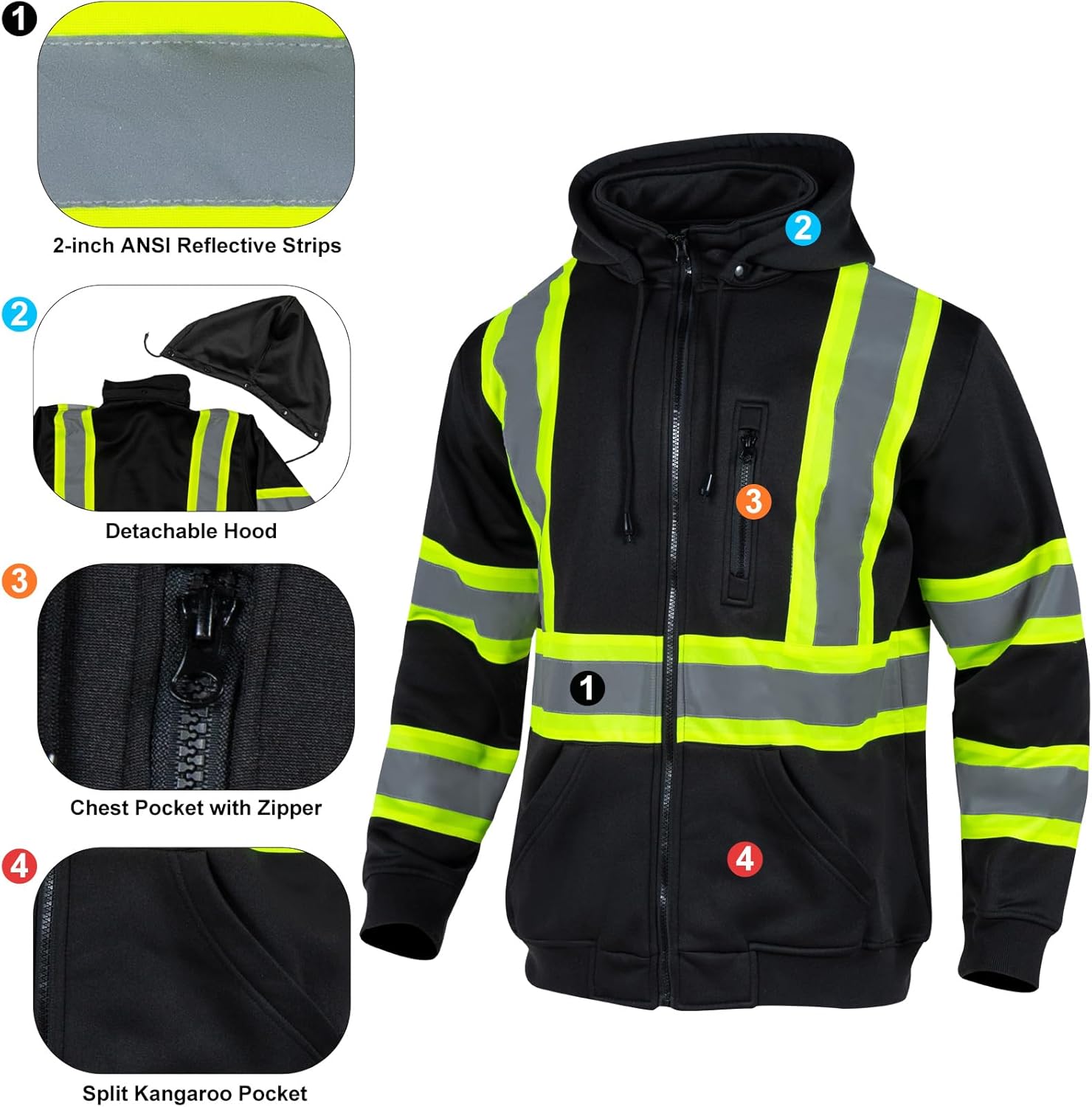 High Visibility Safety Fleece Hoodie for Men ANSI Class 3 Reflective Sweatshirt Construction Jacket - Image 5