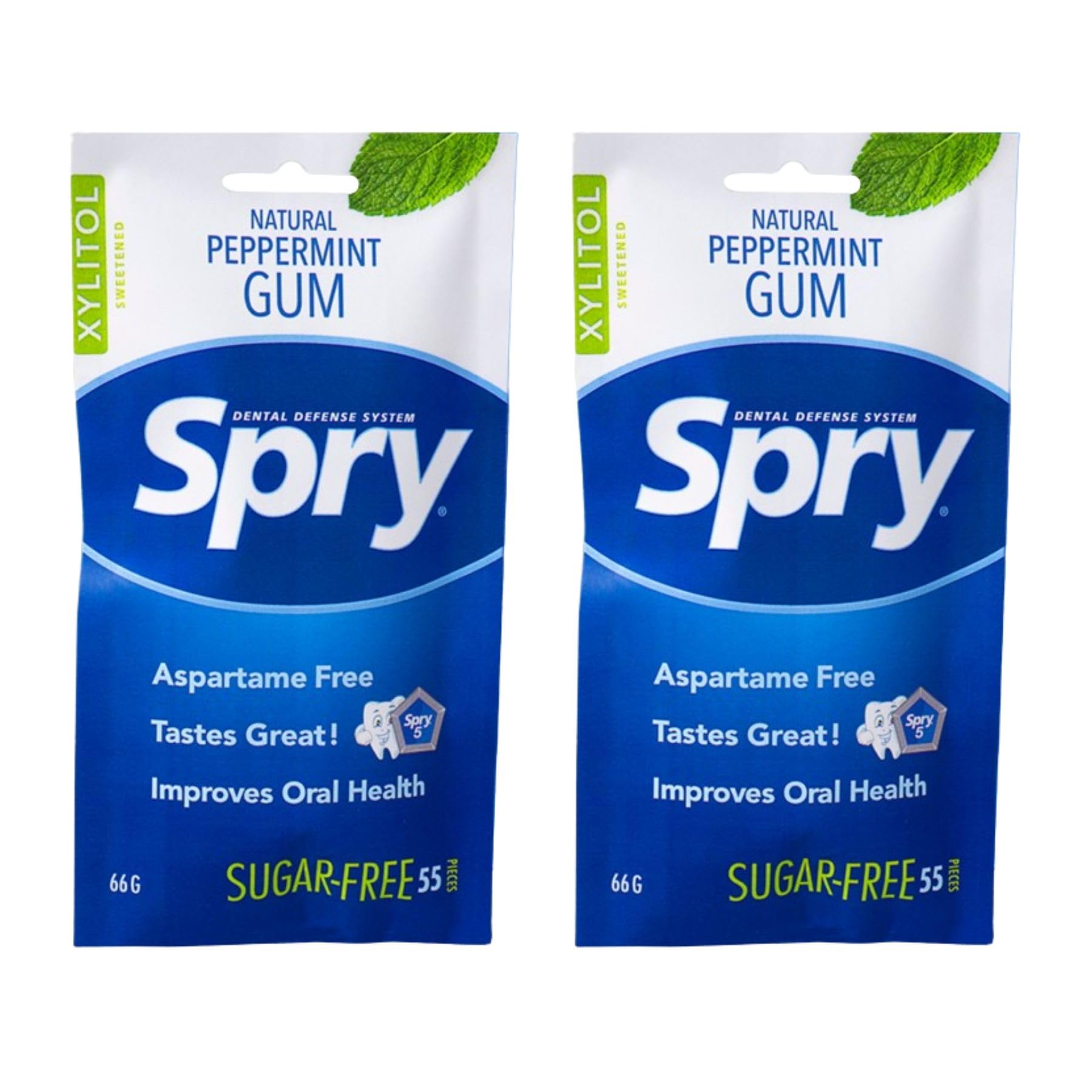 Spry On The Go Fresh Natural Xylitol Chewing Gum Dental Defense System - Aspartame-Free, Sugar-Free, Non-GMO (Peppermint, 55 Count - Pack of 2)