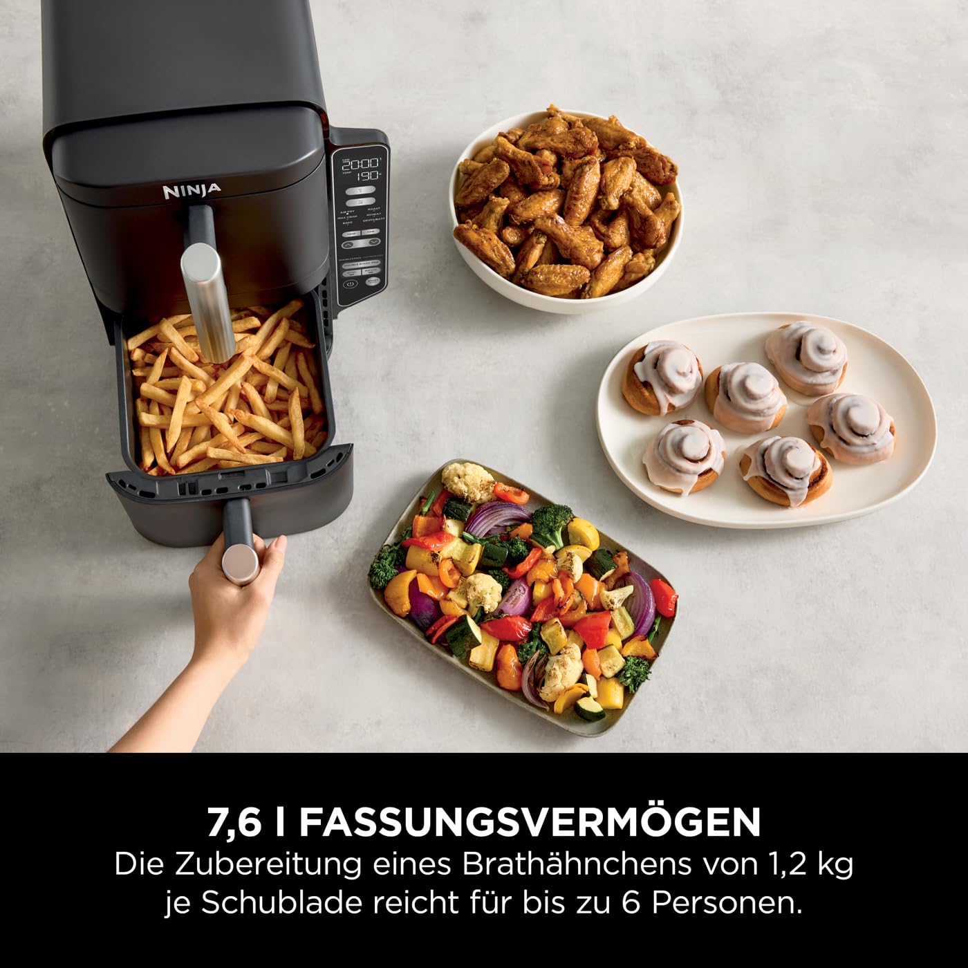 Ninja Double Stack Heißluftfritteuse, 7,6L Digitale Air Fryer Doppelkorb mit 4 Kochstufen, 2 Schubladen, 2 Gestelle, Platzsparendes Design, 6 Kochfunktionen, 6 Portionen, Schwarz SL300EU