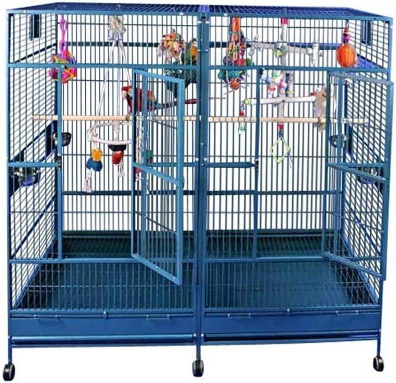 A&E Cage Co 8040FL Platinum Double Macaw Cage – 80"x40"x74" Extra Large Parrot Cage with Removable Divider, 4 Swing-Out Feeder Doors, Stainless Steel Bowls & Perches for Macaws, Cockatoos, Amazons