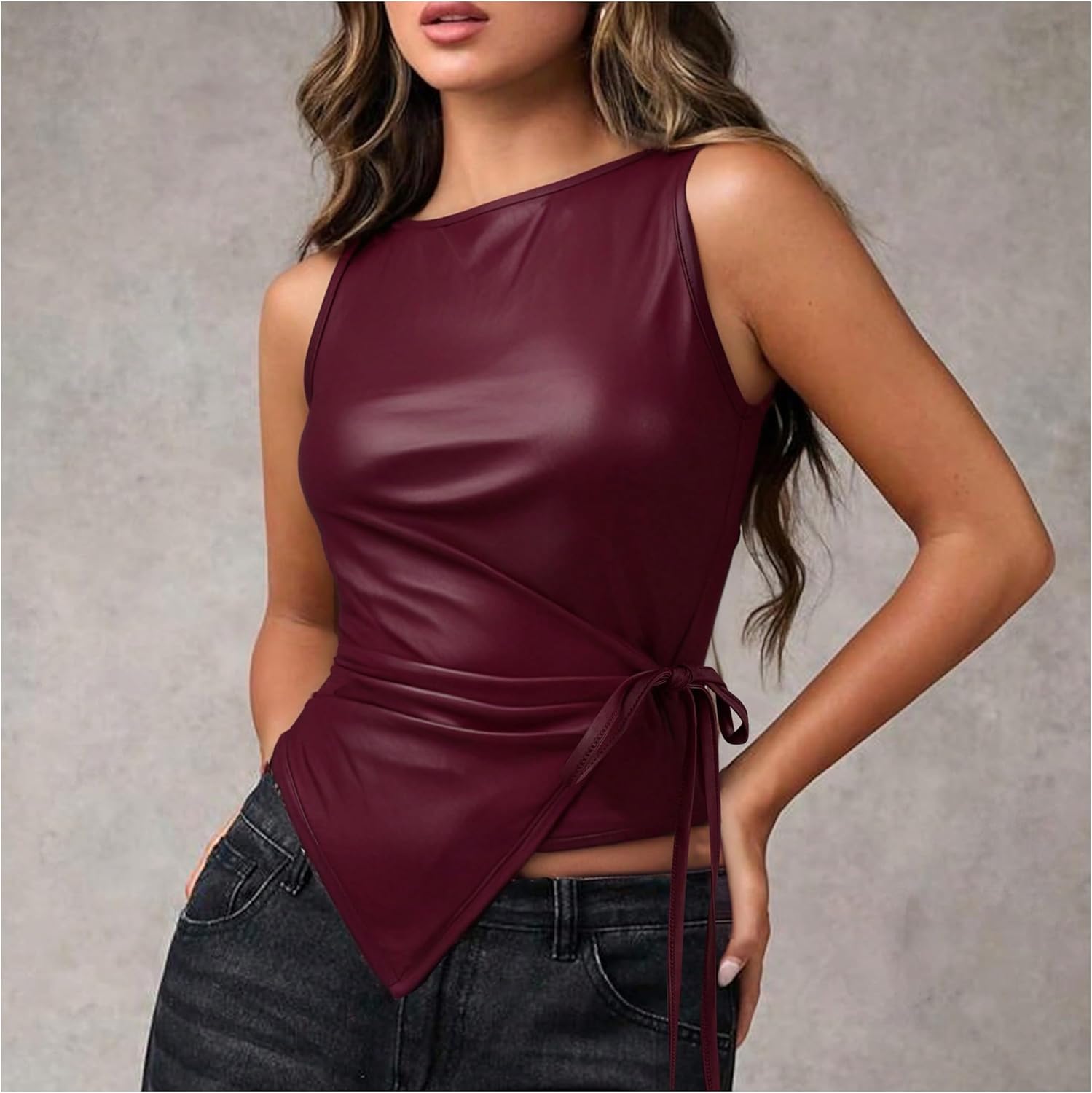 Milumia Women's Faux Pu Leather Crop Tank Top Boat Neck Ruched Asymmetrical Party Club Tops - Image 4