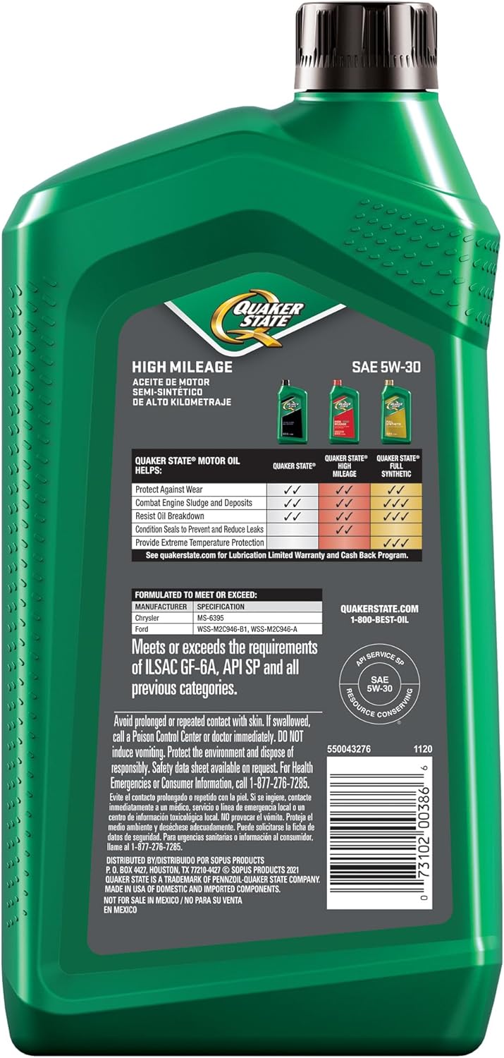 Quaker State High Mileage 5W-30 Synthetic Blend Motor Oil (1-Quart, Case of 6)