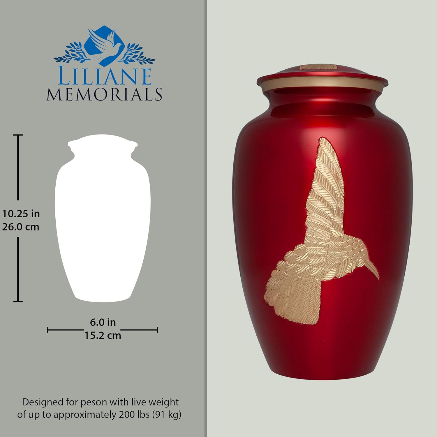 Liliane Memorials Red Hummingbird Funeral Urn - Cremation Urn for Human Ashes - Hand Made in Brass - Suitable for Cemetery Burial or Niche - Large Size fits Remains of Adults up to 200 lbs