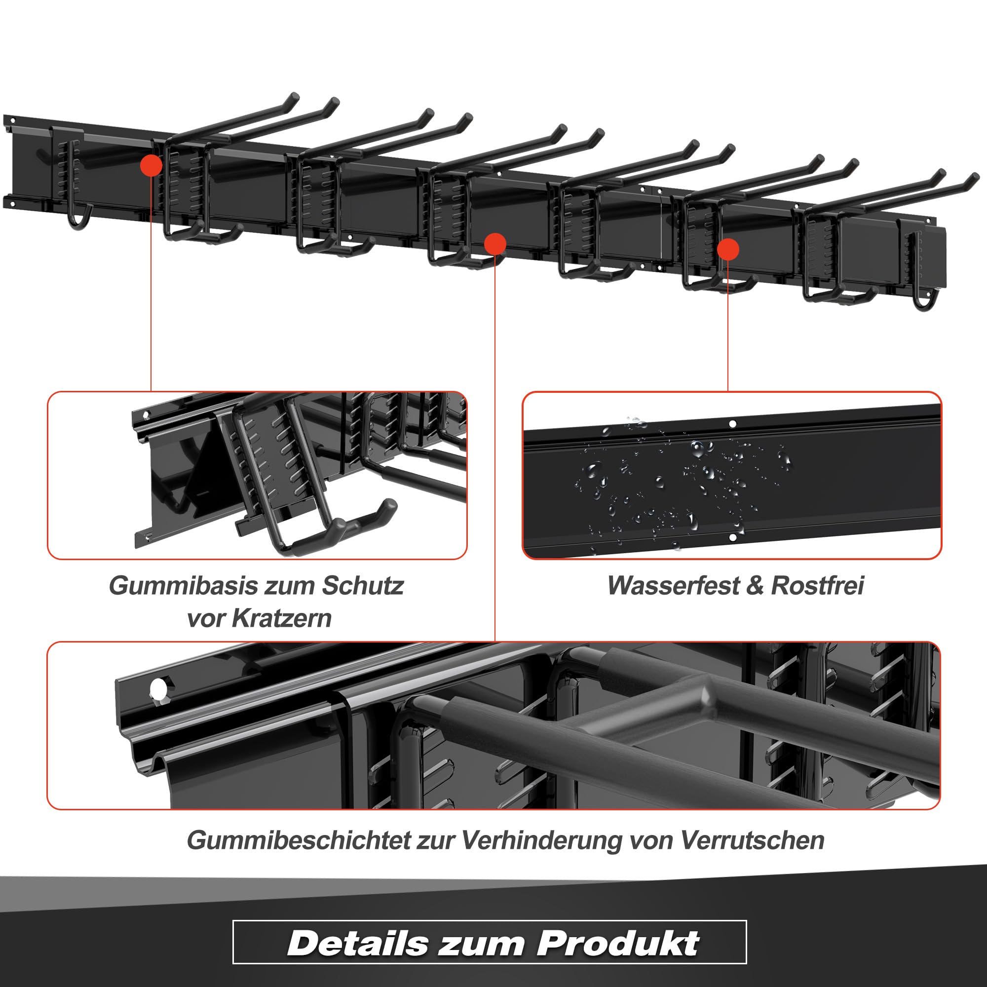 Sttoraboks Werkzeug-Wandregal, verstellbar Wandhalterungen für Garage und Garten mit 8 Haken & 3 Schienen, Hochbelastbares Werkzeugregal bis 204kg, für Garage, Garten, Ski, Besen, Rechen