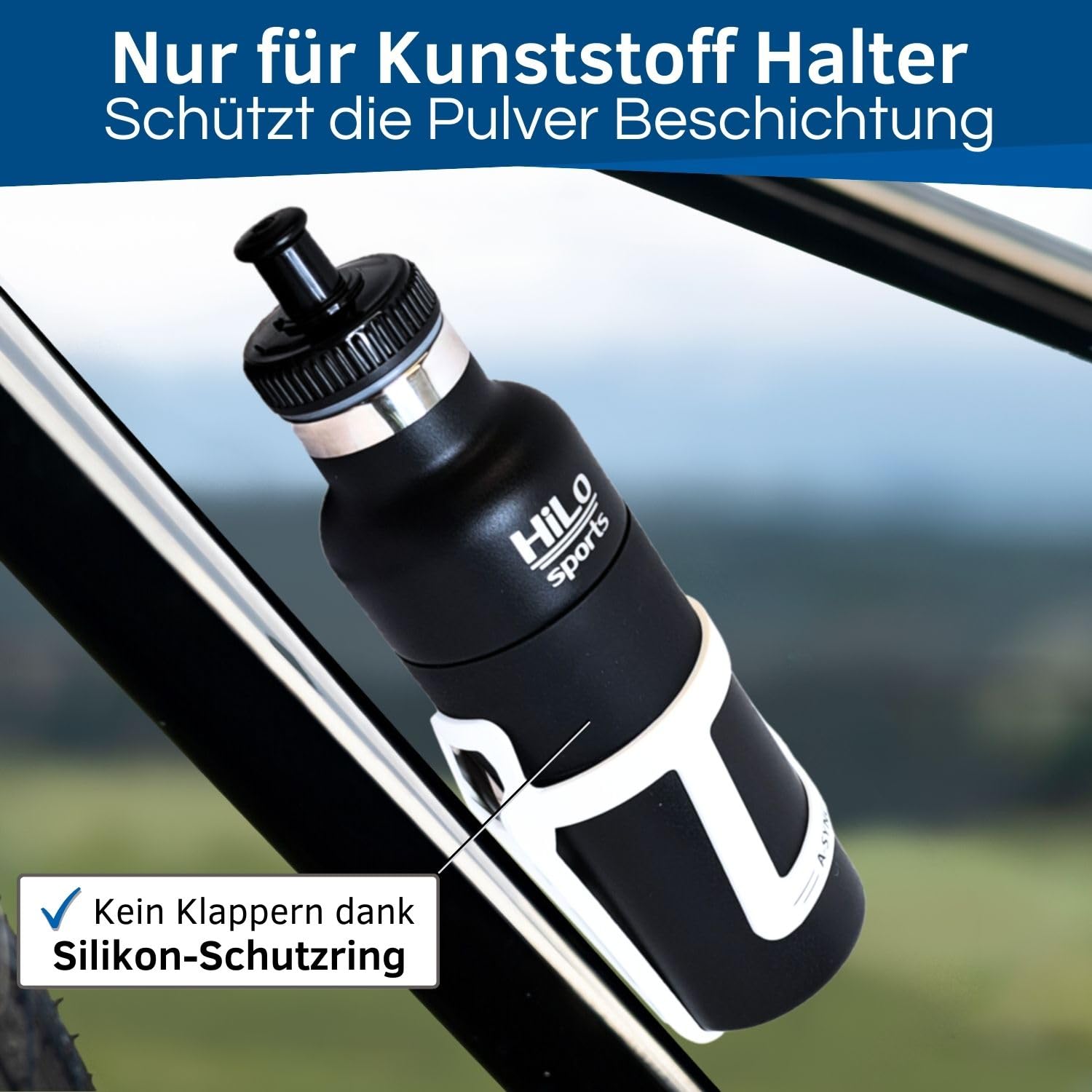 HiLo sports 600 ml Fahrradflasche Edelstahl Isoliert - Für Kunststoff Flaschenhalter - [Pulver Beschichtetes Edelstahl] - Fahrrad Trinkflasche mit 2 Verschlüssen - Thermo Radflasche