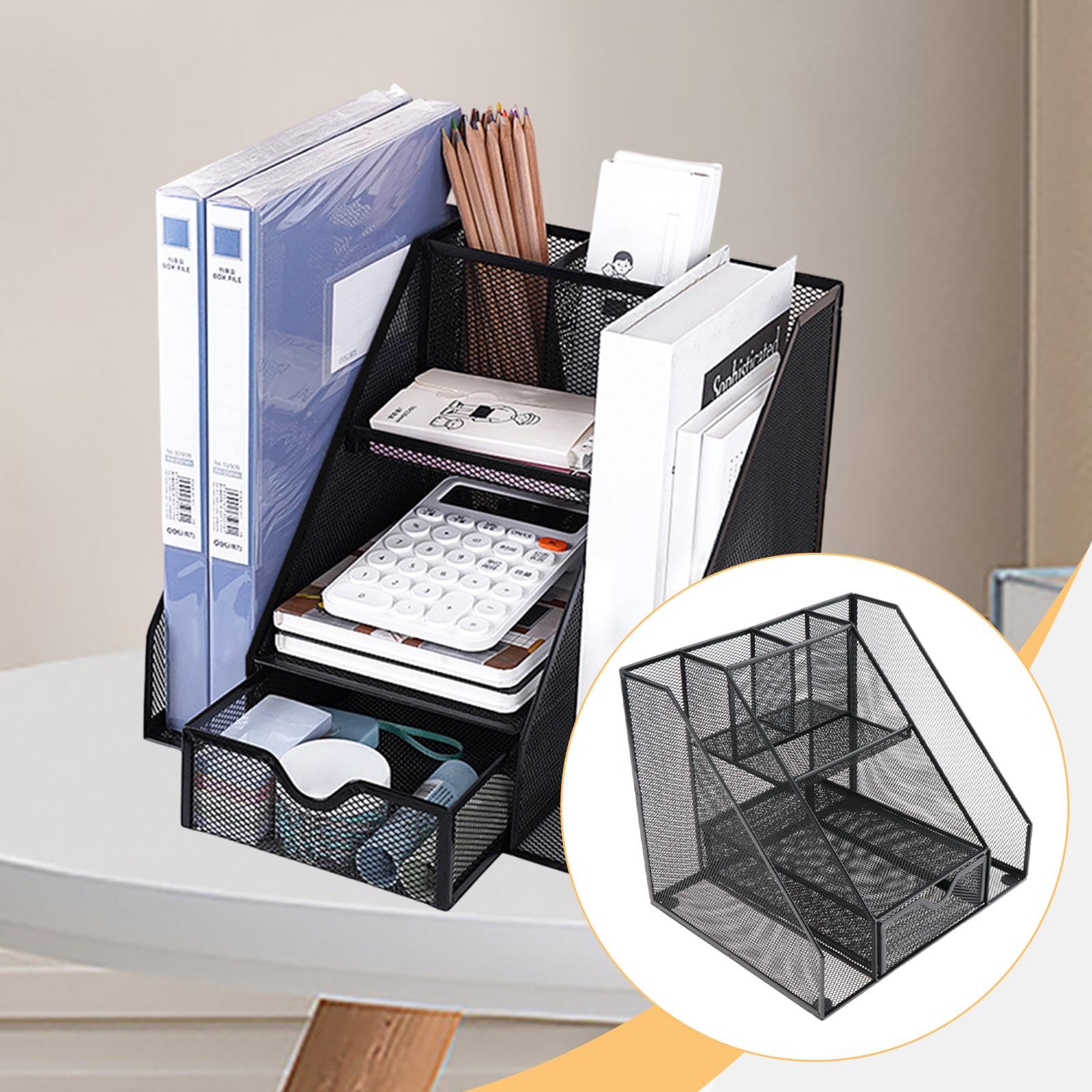Organizzatore Documenti Scrivania con Cassetto Metallo Multi Scomparti Ripiano Portadocumenti Stabile Adatto per Ufficio Scuola Casa, Drawer in The Middle