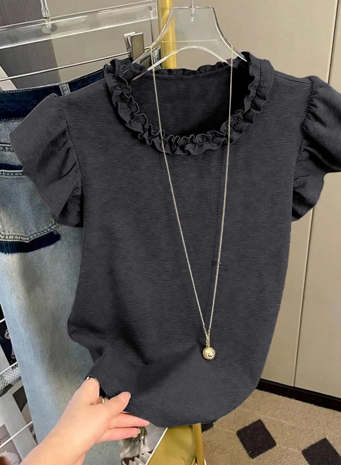 BLENCOT Womens Summer Tops Ruffle Short Sleeve T Shirts Casual Slim Fit Cute Solid Color T Shirts - Image 2