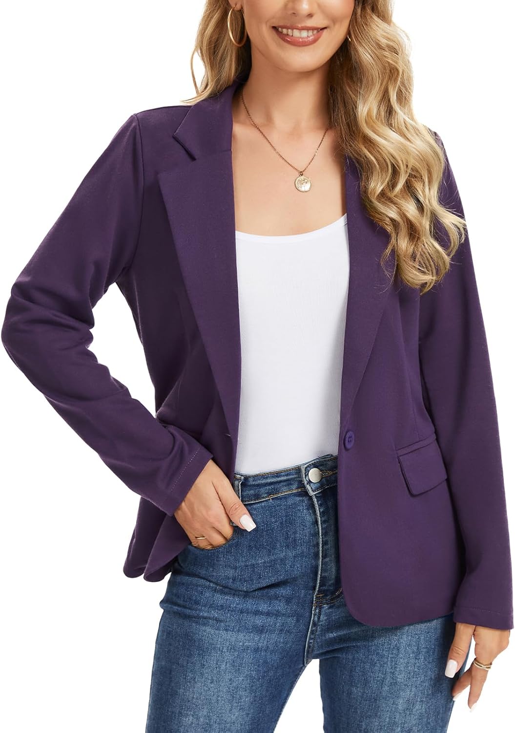 Women's Blazer Long Sleeve Lapel Button Jersey Knit Blazers Casual Work Office Suit Jacket with Pockets