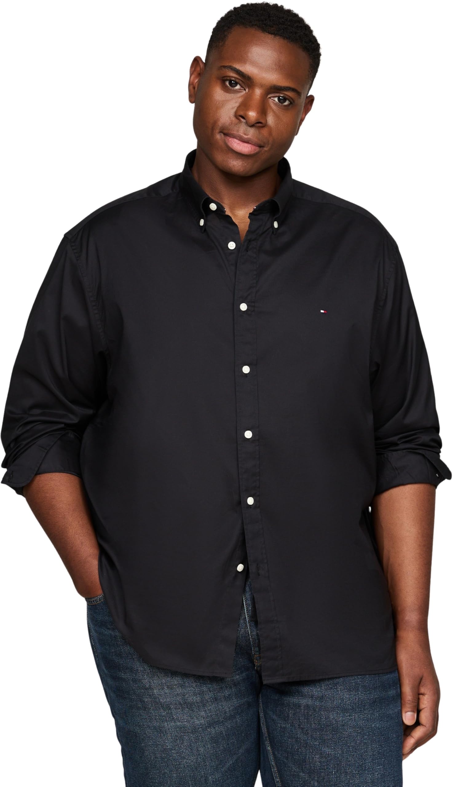Tommy Hilfiger Men's BT - CORE Flex POPLIN RF Shirt L/S Shirt, Black, XXL